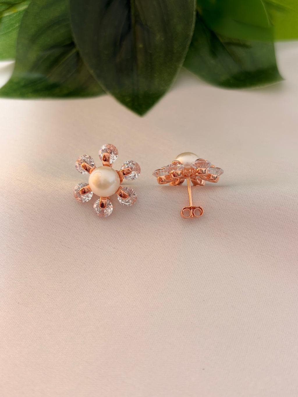 Rose Gold Pearl Floral Stud Earrings