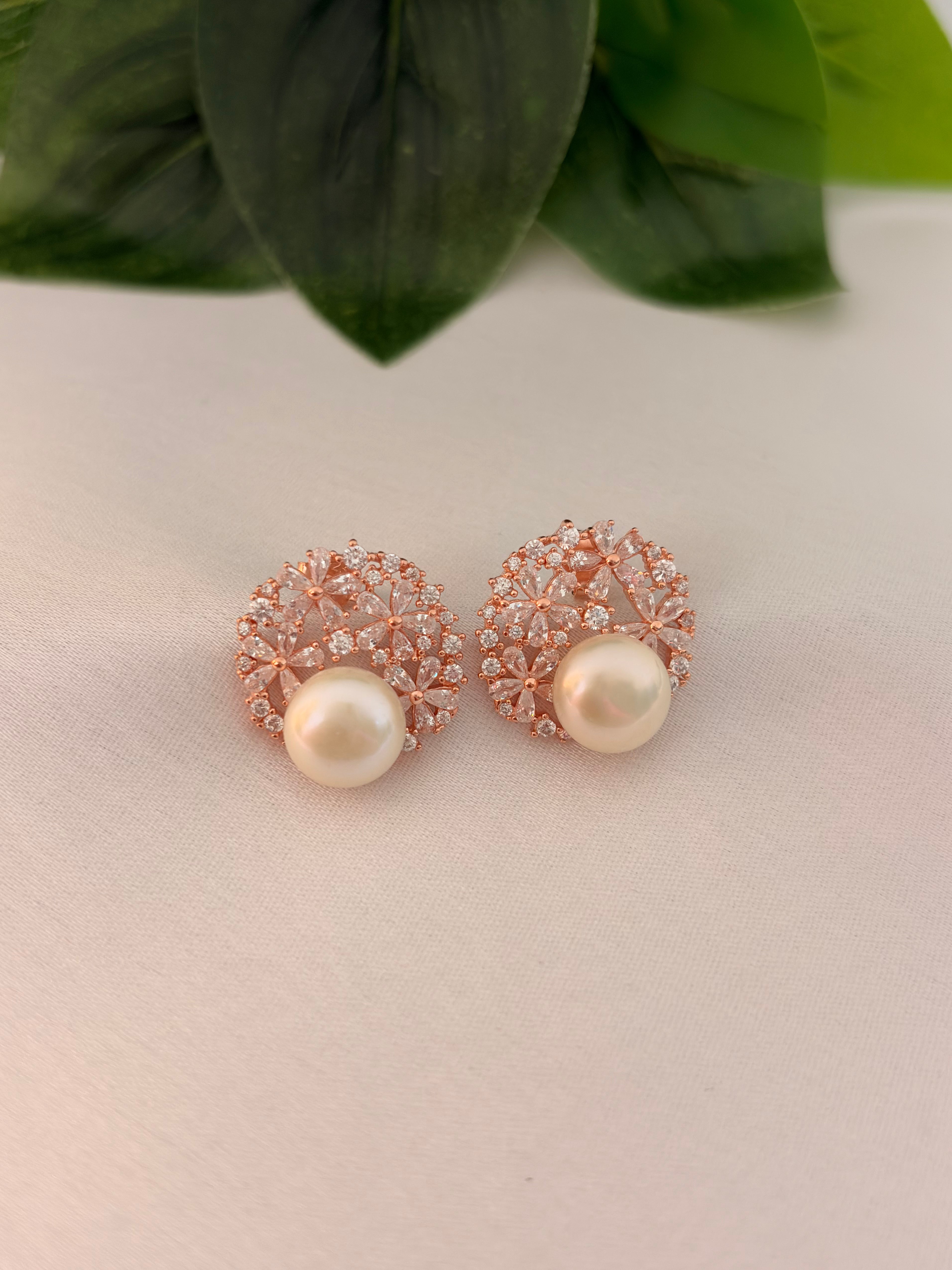 Rose Gold Pearl Cluster Floral Stud Earrings
