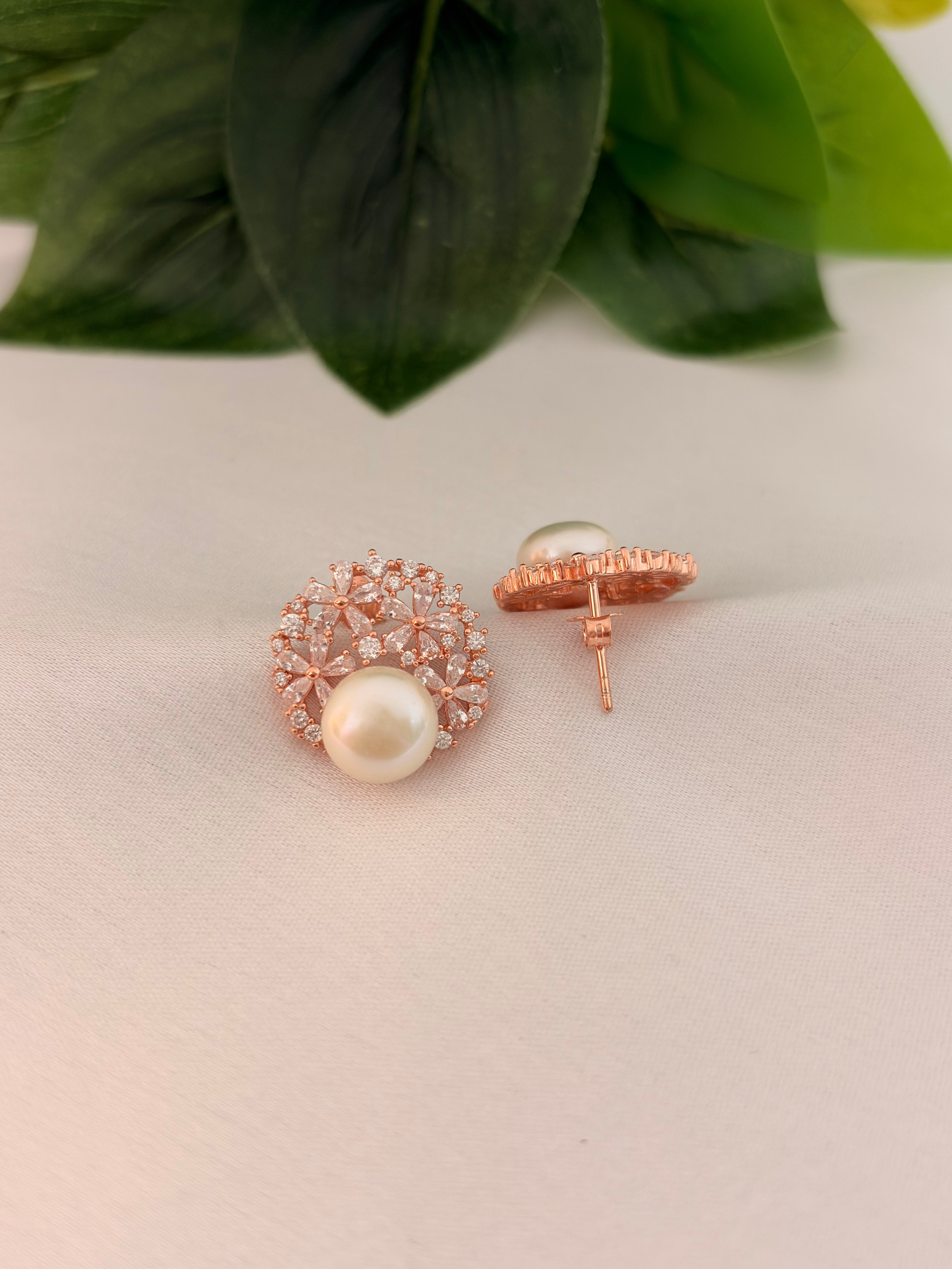 Rose Gold Pearl Cluster Floral Stud Earrings