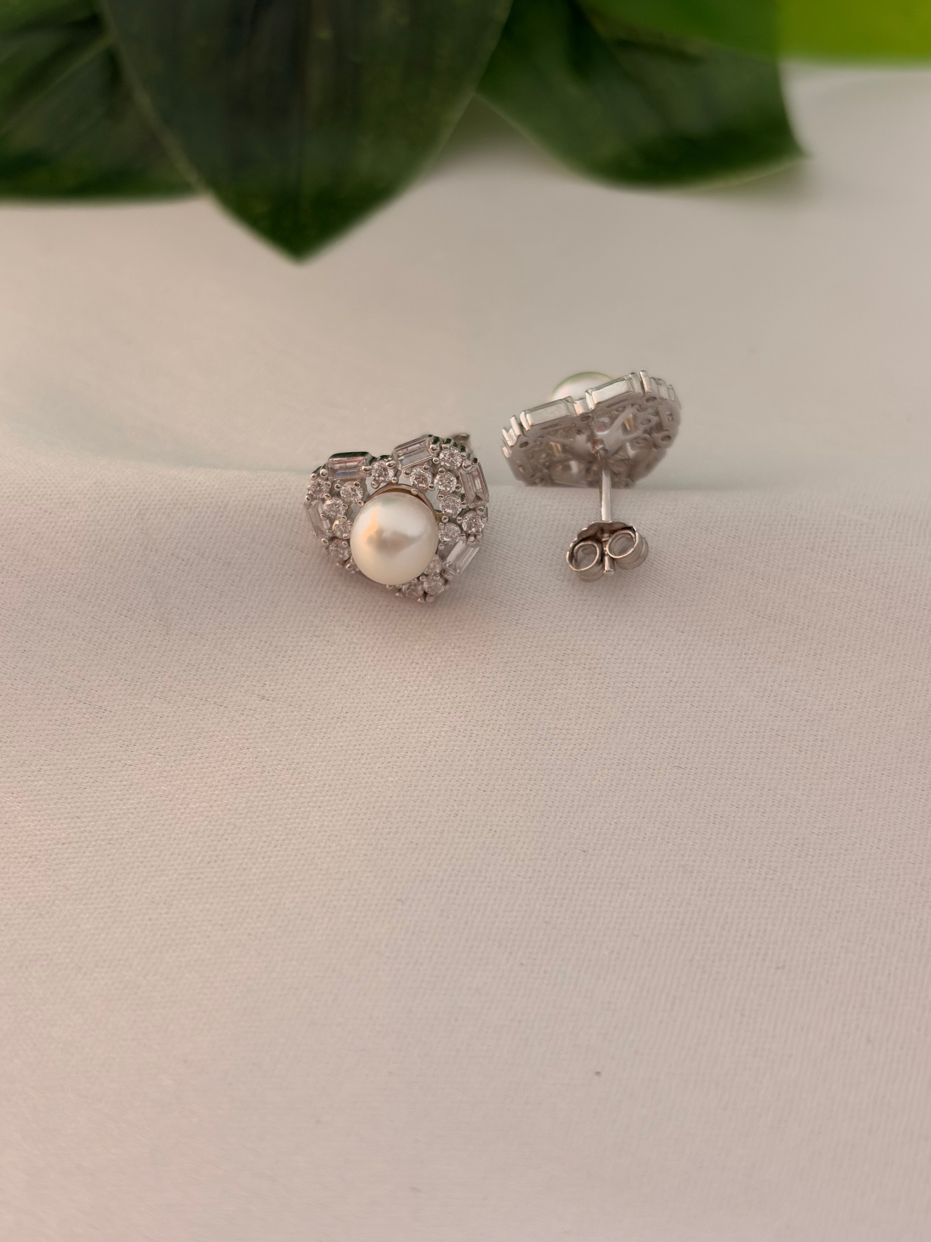Silver Pearl Heart Cluster Stud Earrings