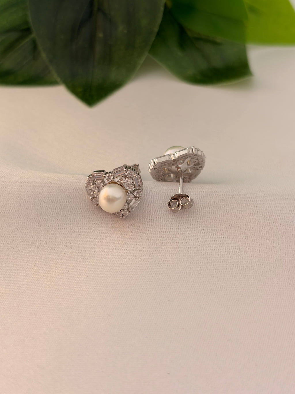 Silver Pearl Cluster Halo Stud Earrings