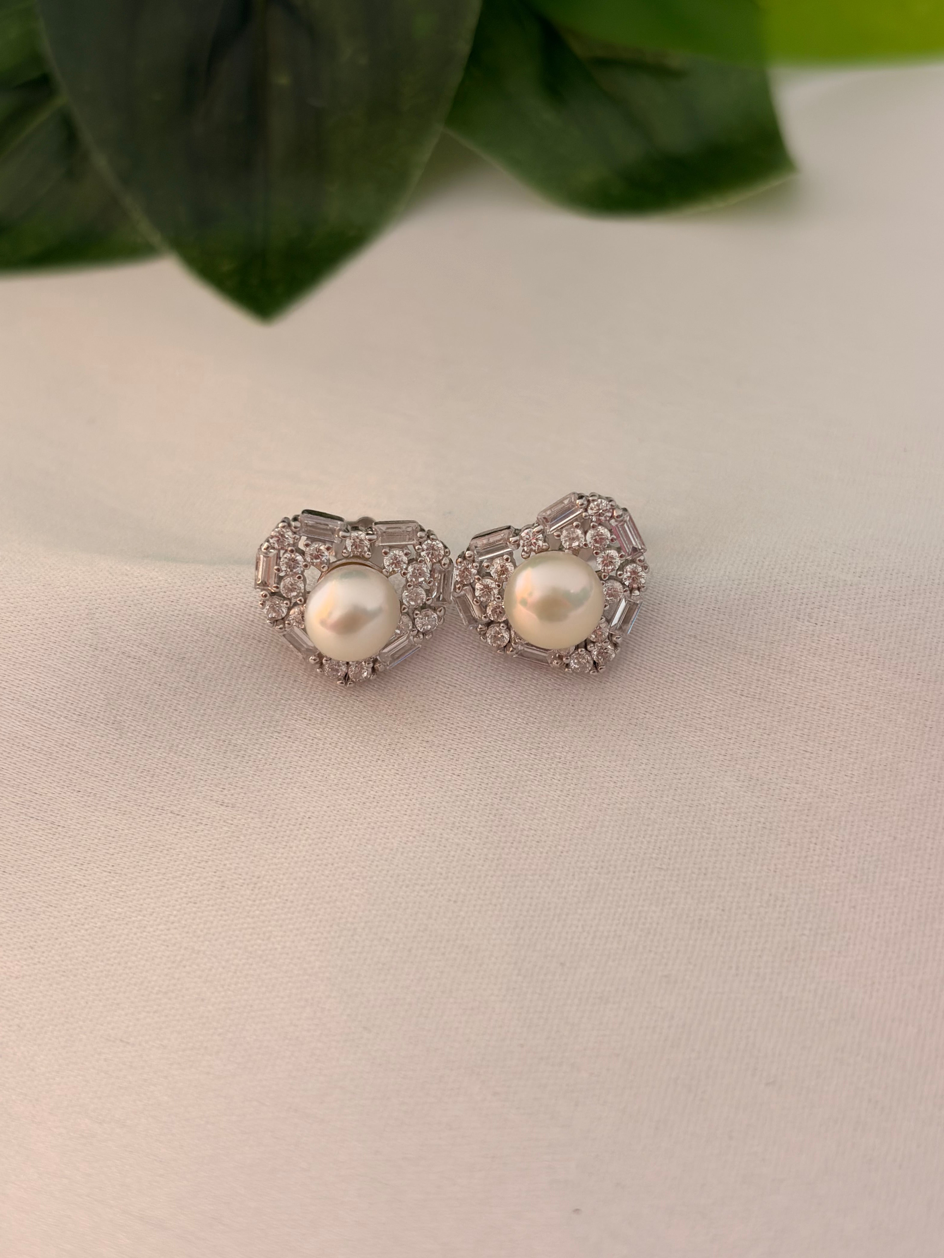 Silver Pearl Cluster Halo Stud Earrings