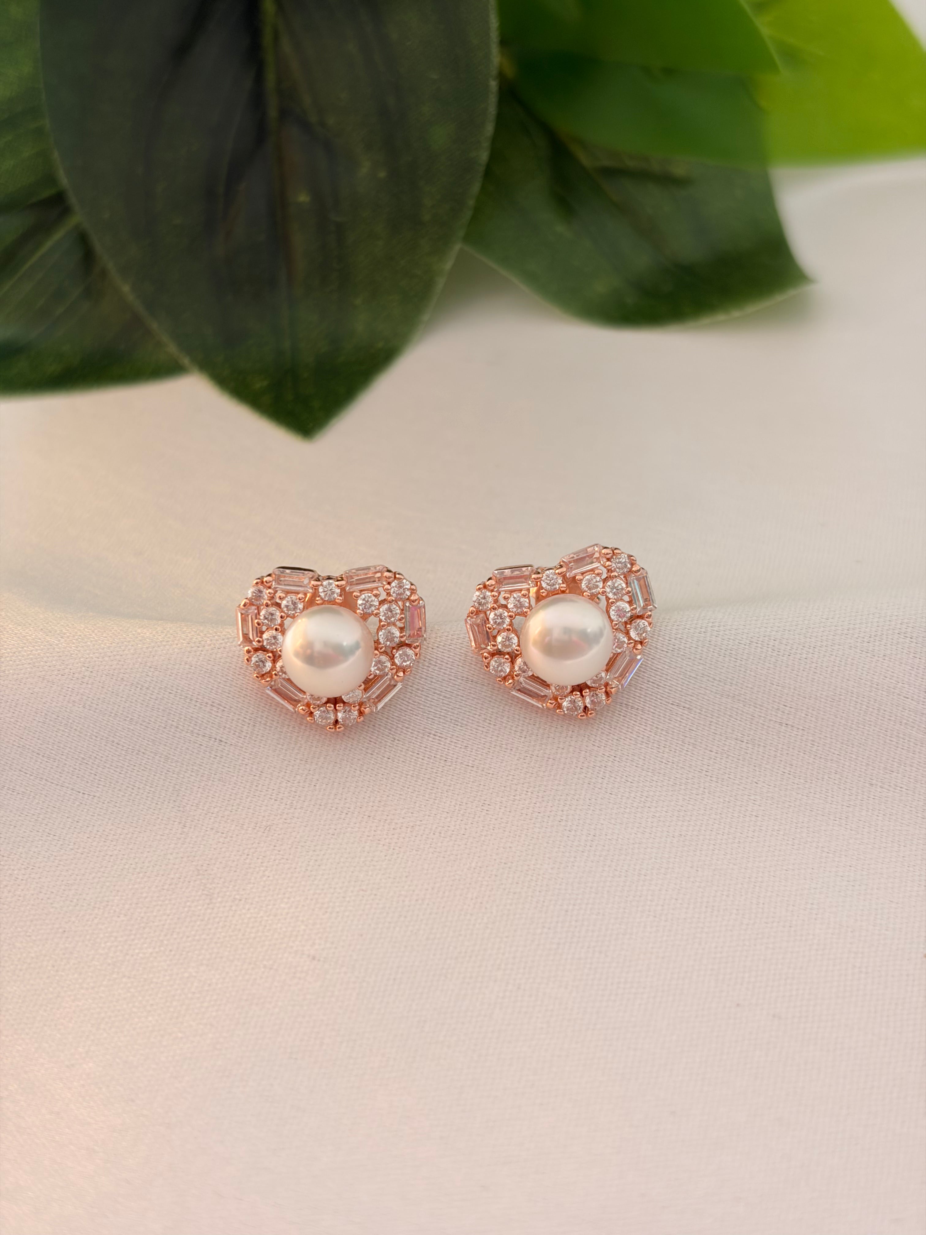 Rose Gold Pearl Heart Stud Earrings