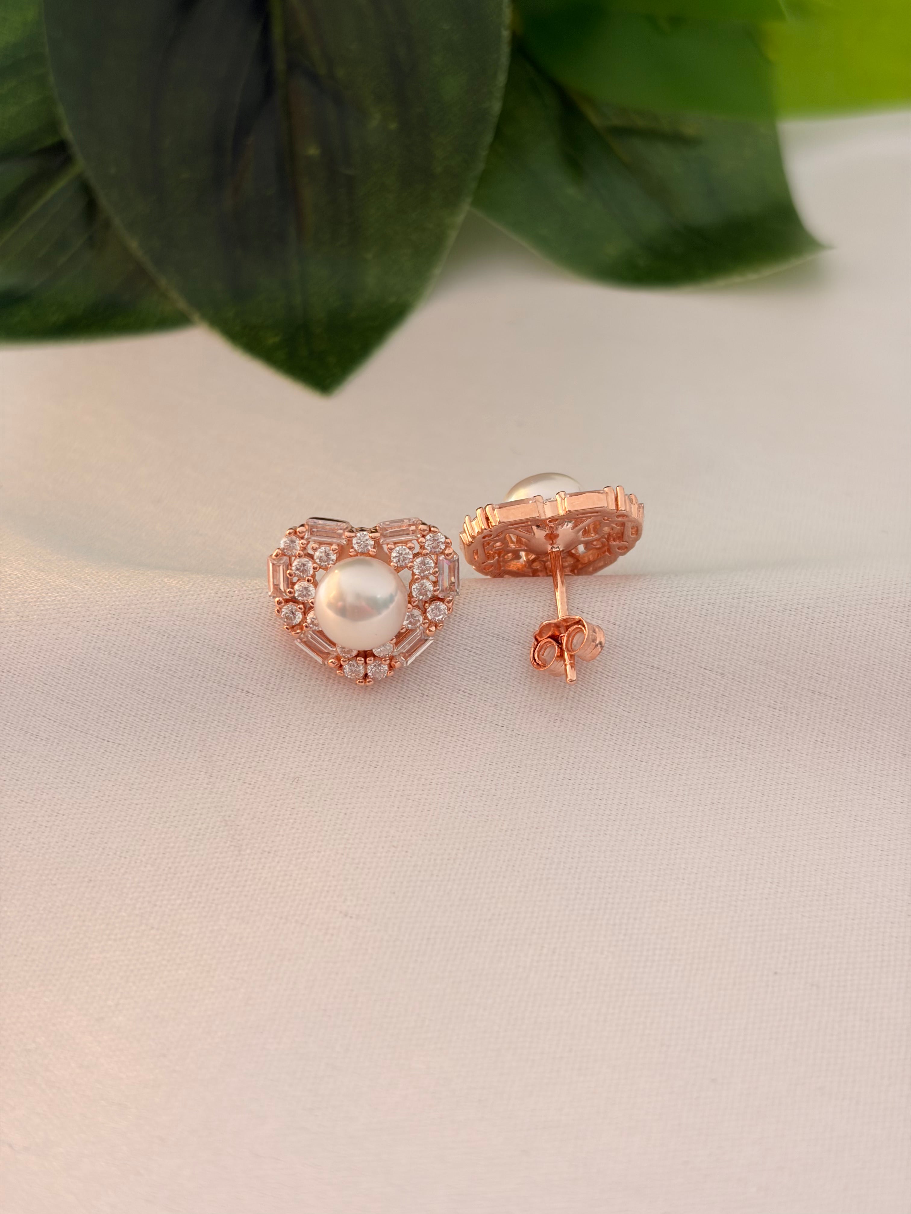 Rose Gold Pearl Heart Stud Earrings