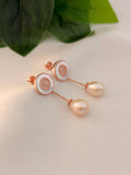Rose Gold Oval Disc Pearl Drop Earrings