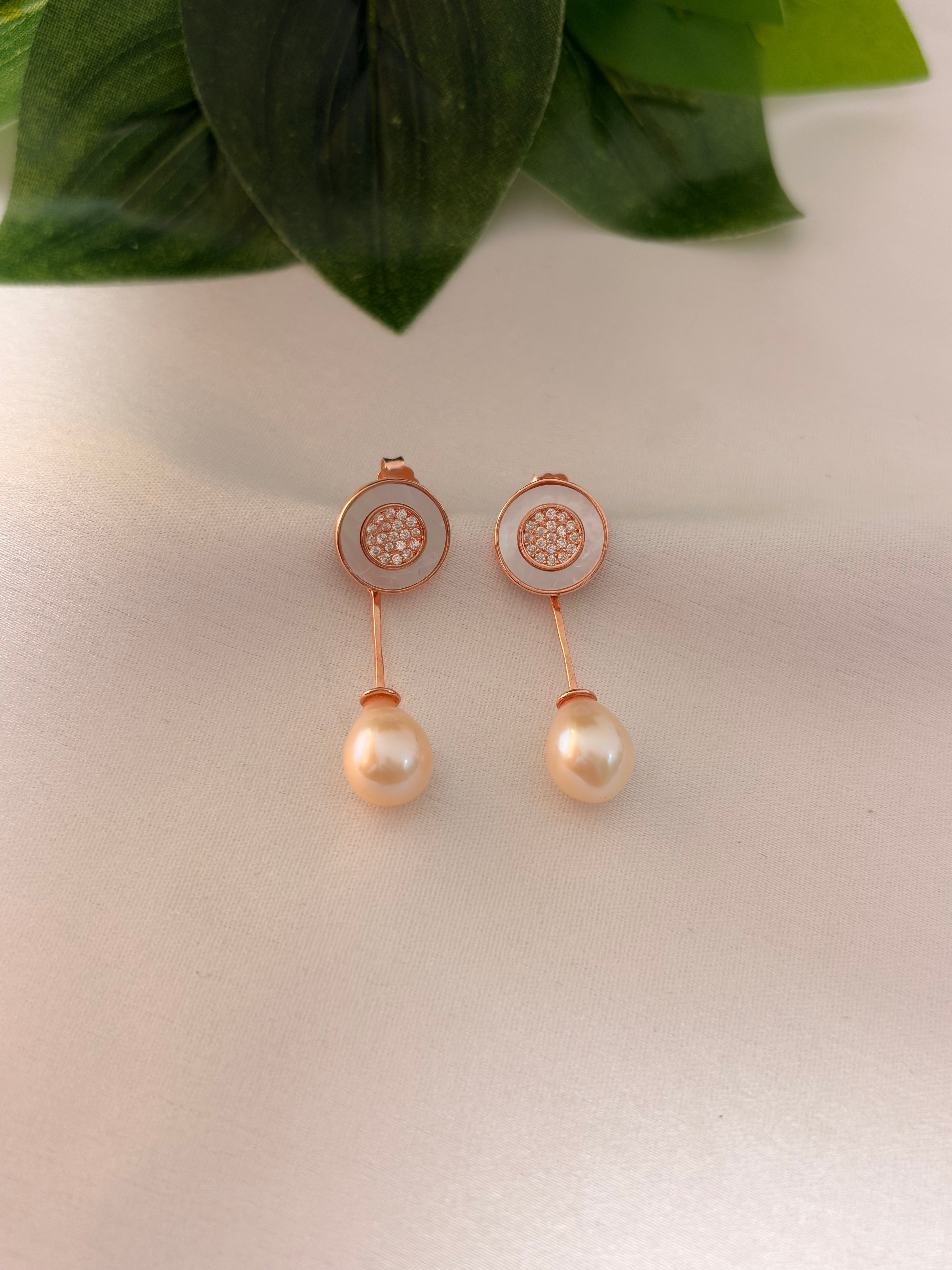 Rose Gold Oval Disc Pearl Drop Earrings