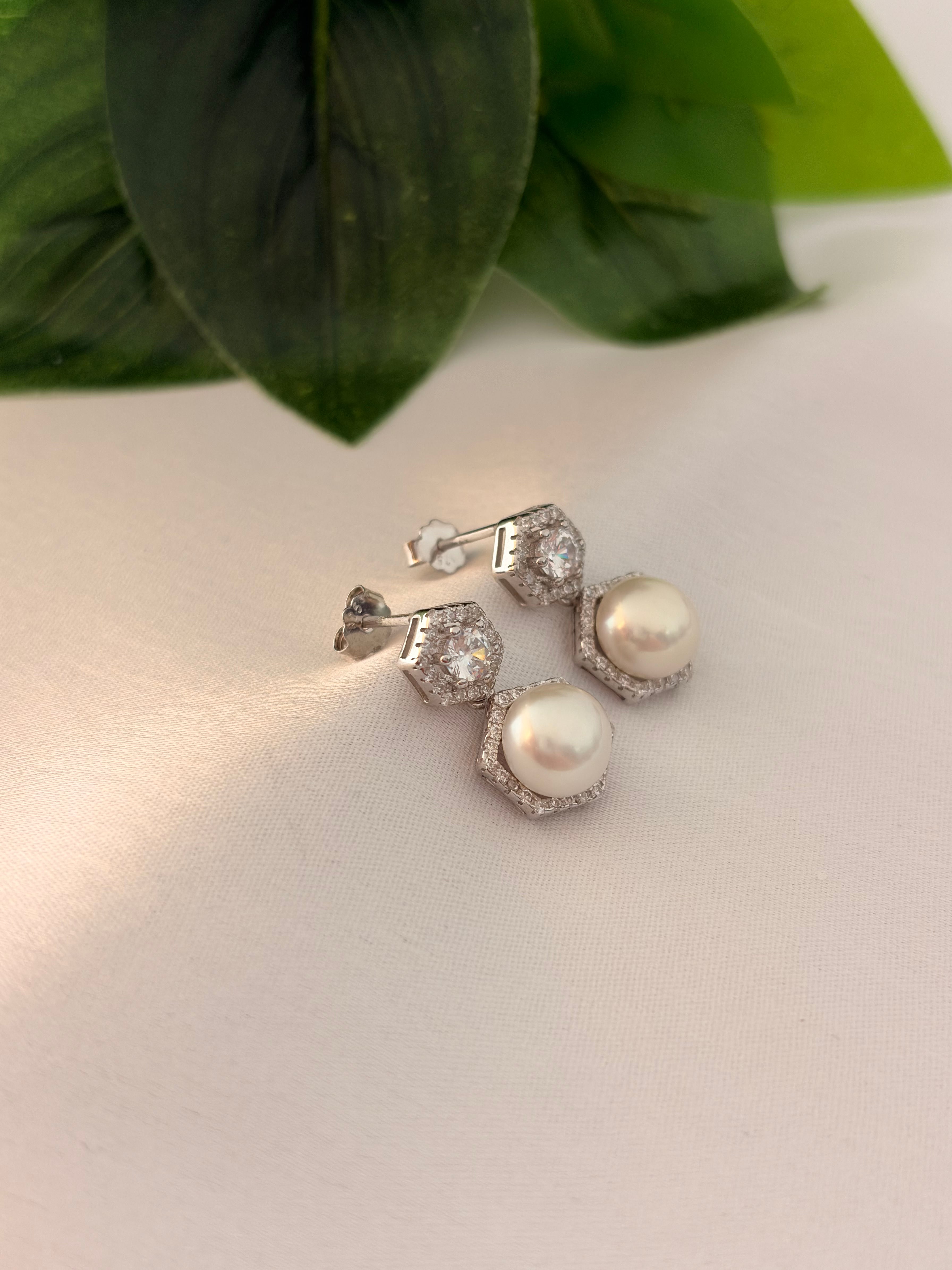 Silver Geometric Pearl Drop Stud Earrings