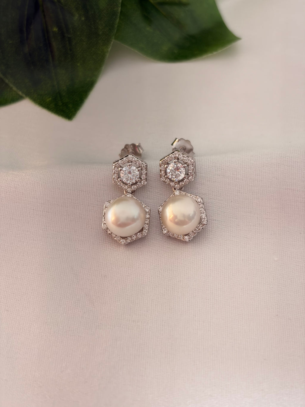 Silver Geometric Pearl Drop Stud Earrings