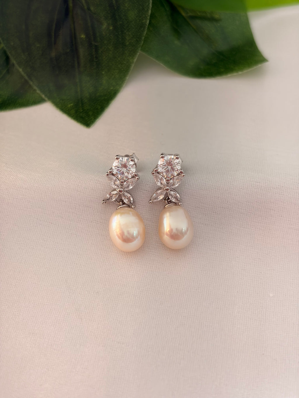Silver Crystal Floral Pearl Drop Earrings