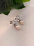 Silver Crystal Floral Pearl Drop Earrings