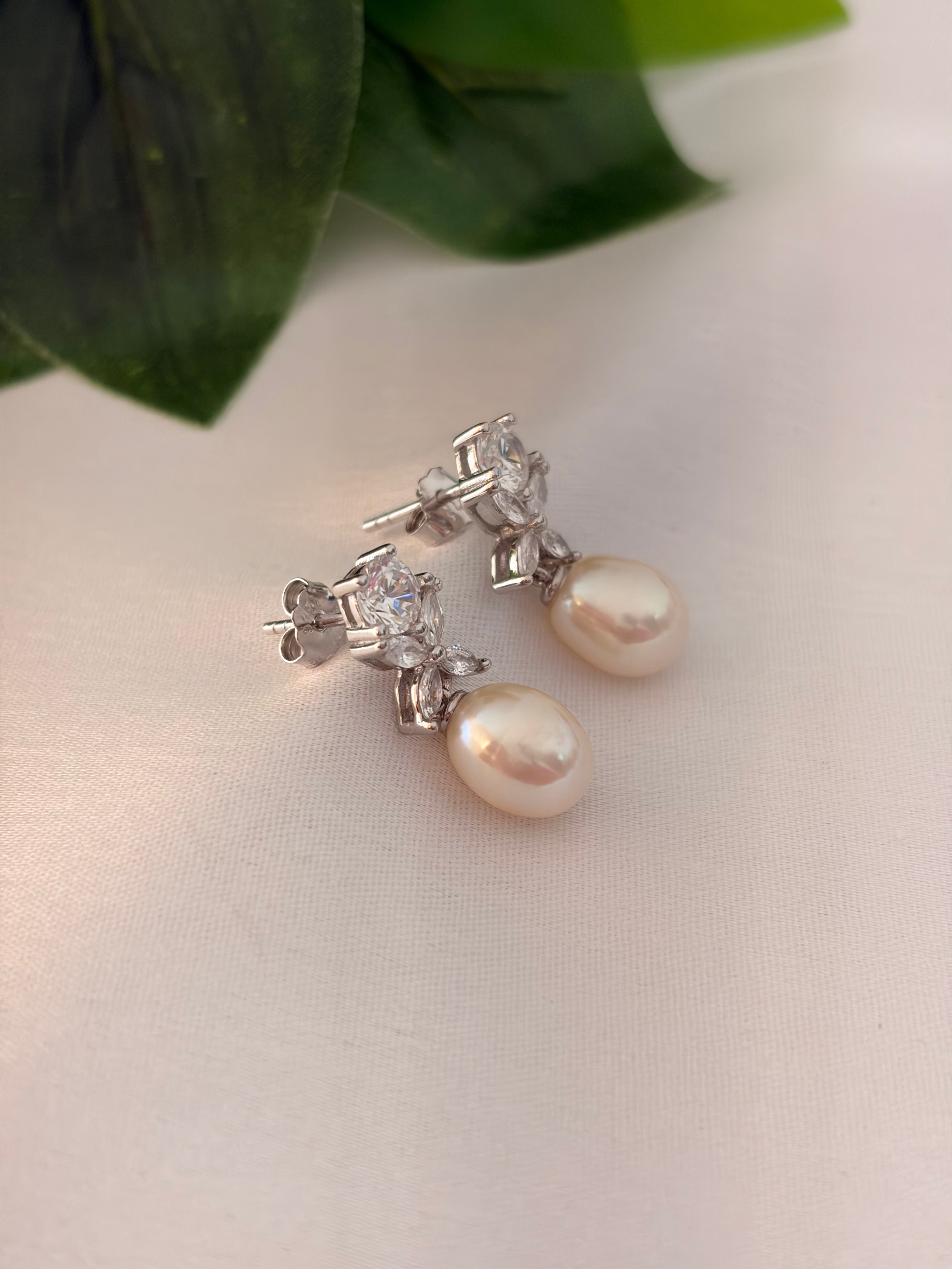 Silver Crystal Floral Pearl Drop Earrings