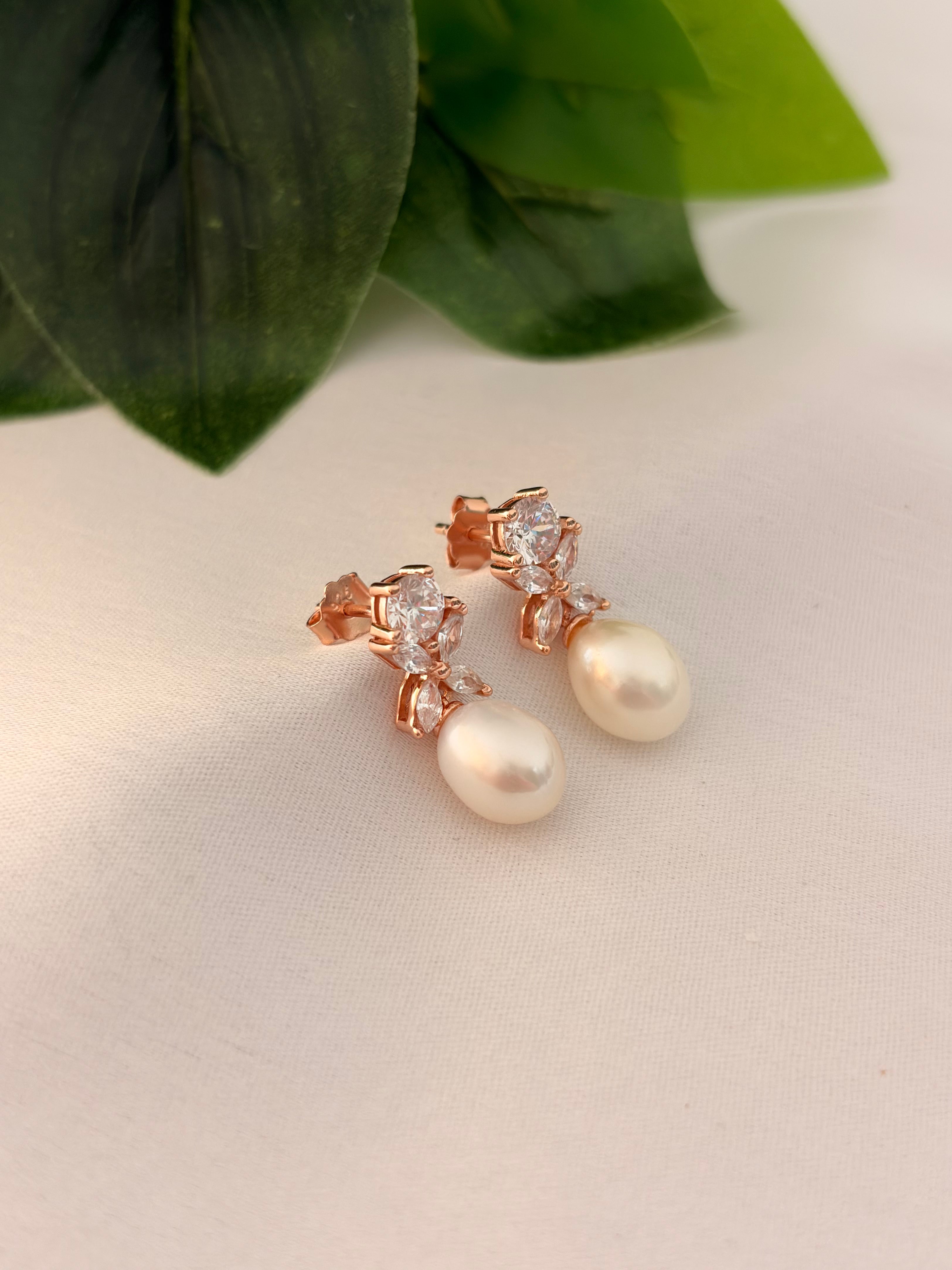 Elegant Pearl Drop Earrings with Crystal Floral Detailing