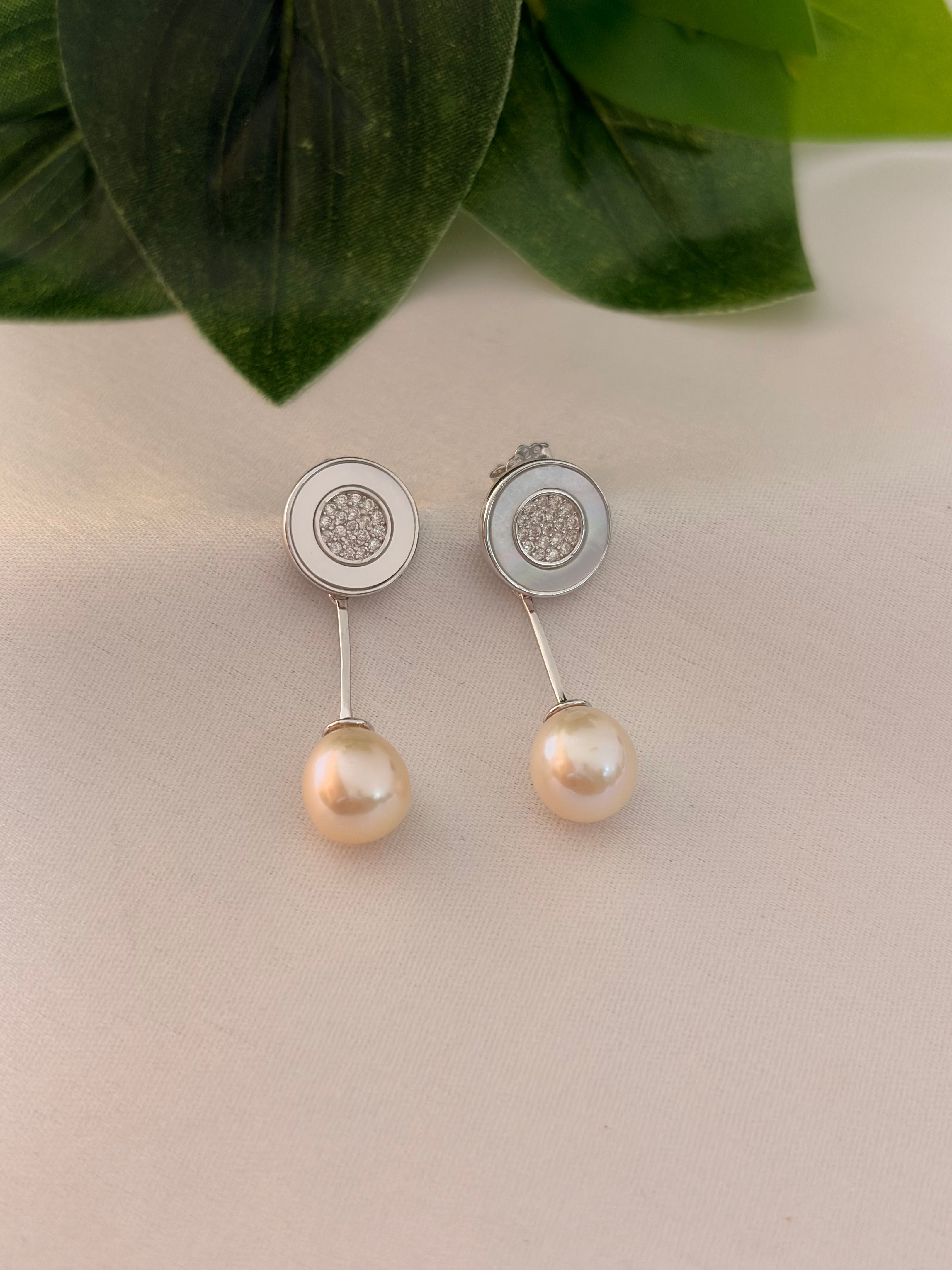 Silver-Tone Pearl Drop Earrings with Pavé Oval Stud