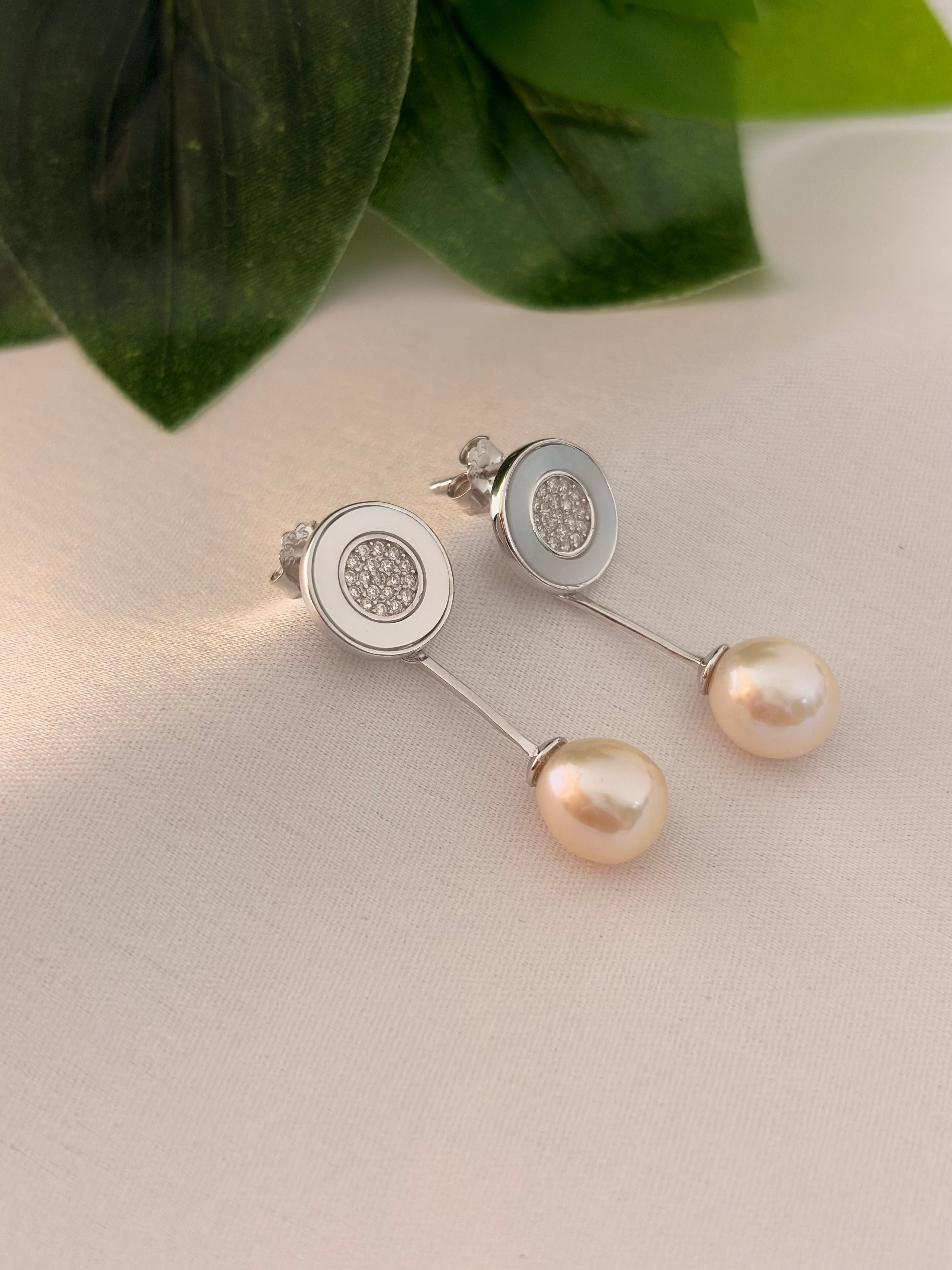 Silver-Tone Pearl Drop Earrings with Pavé Oval Stud