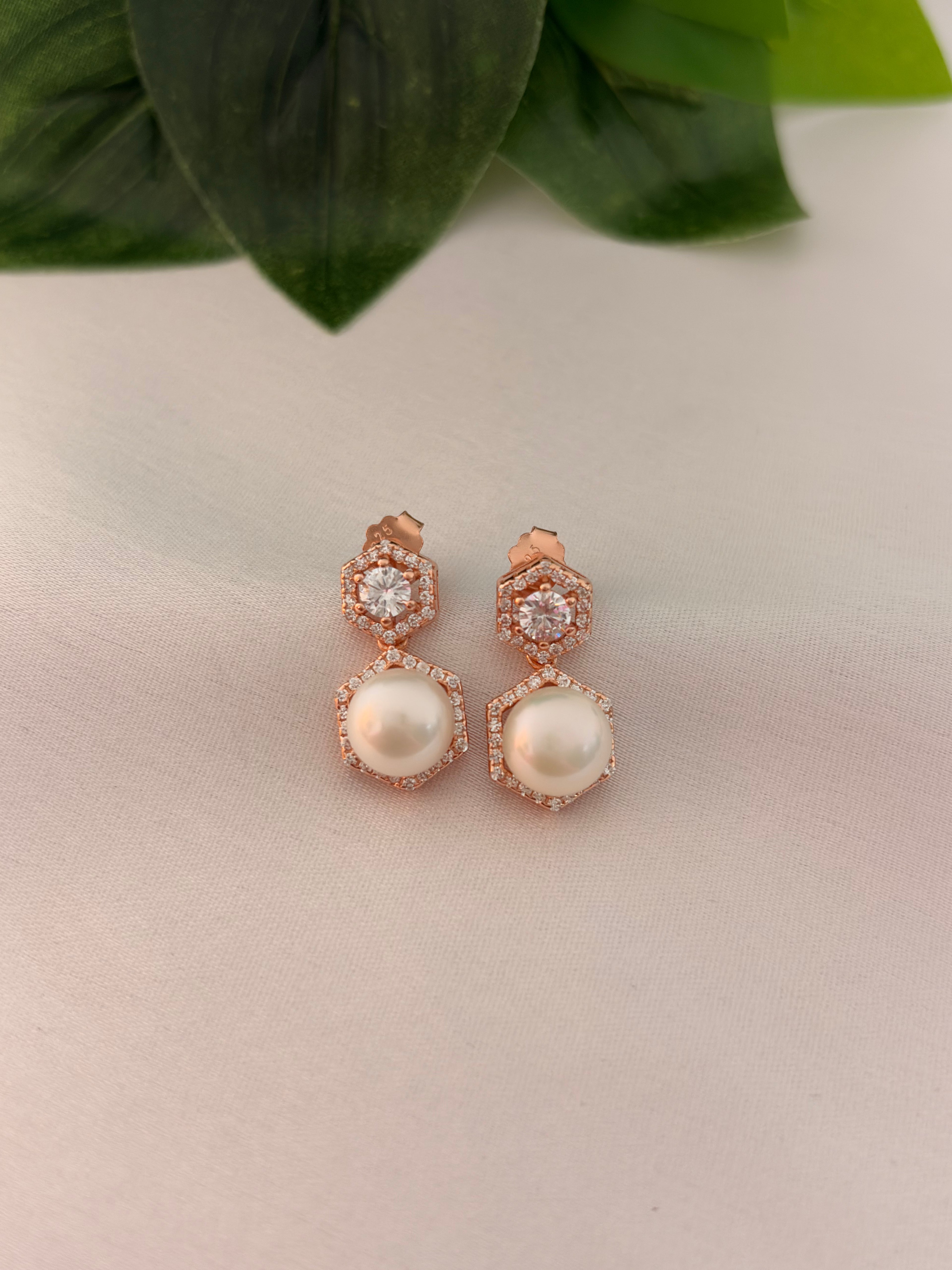 Rose Gold Geometric Pearl Stud Earrings with Crystal Halo