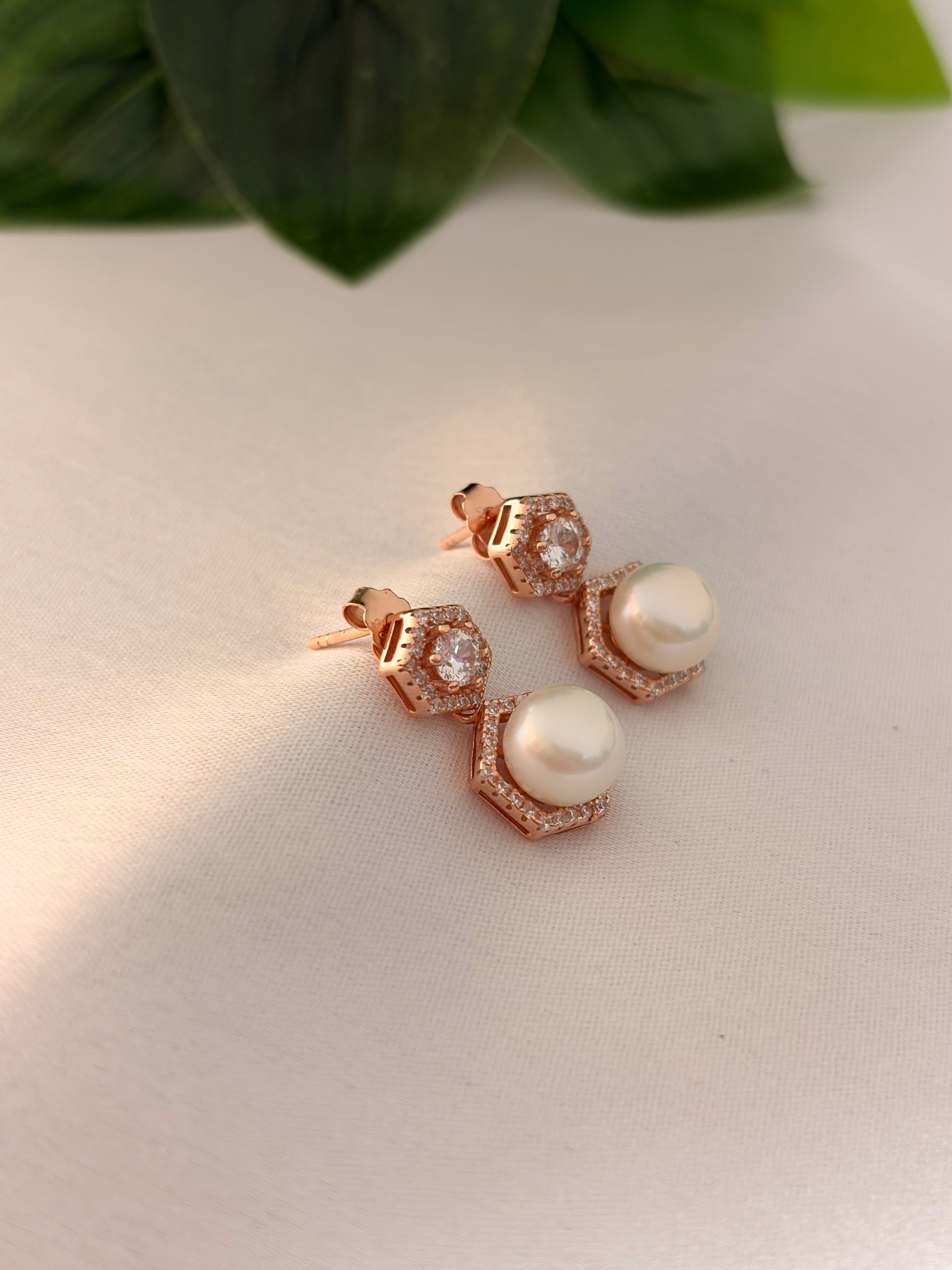 Rose Gold Geometric Pearl Stud Earrings with Crystal Halo