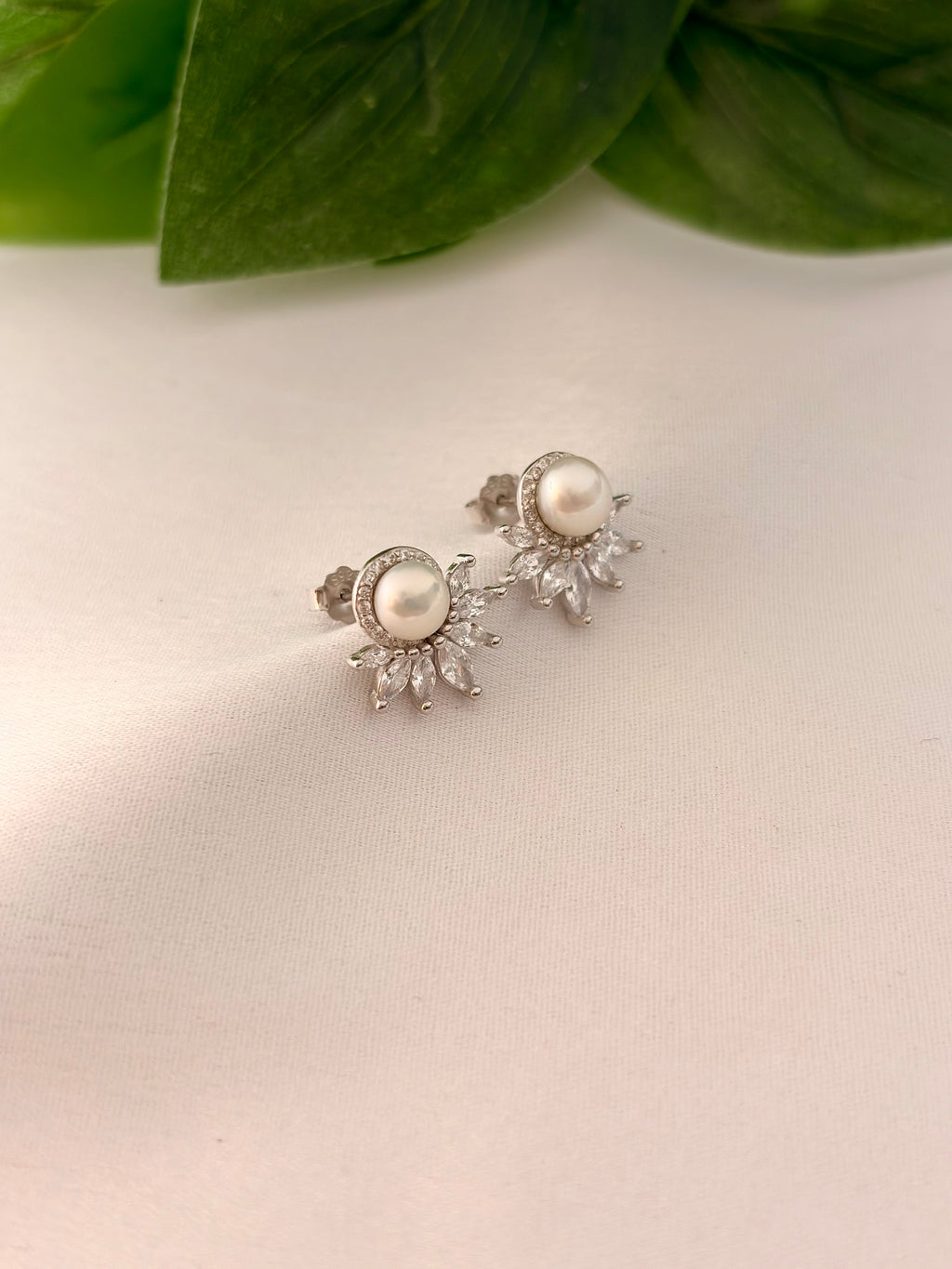 Silver Pearl Floral Burst Stud Earrings