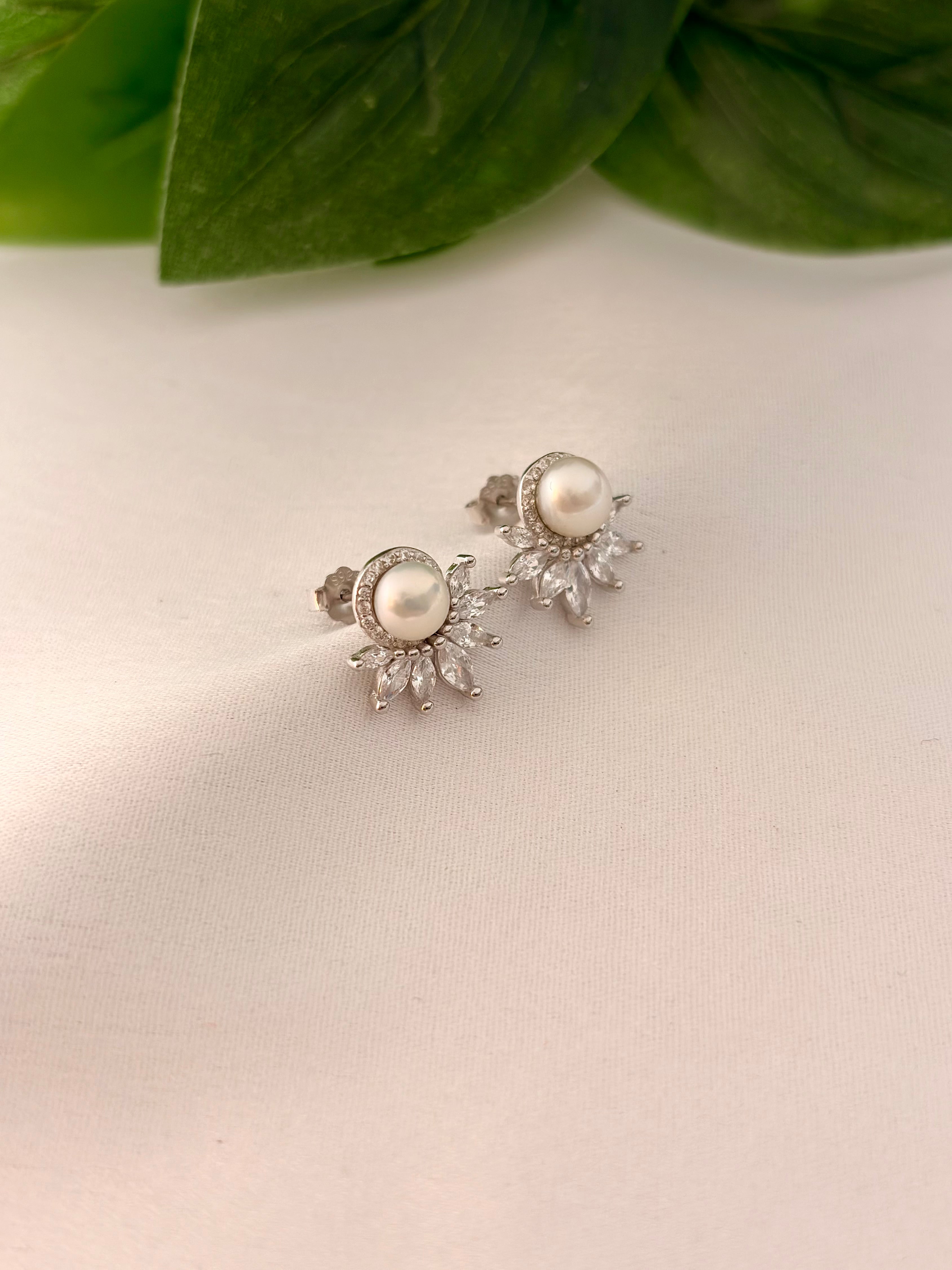 Silver Pearl Floral Burst Stud Earrings