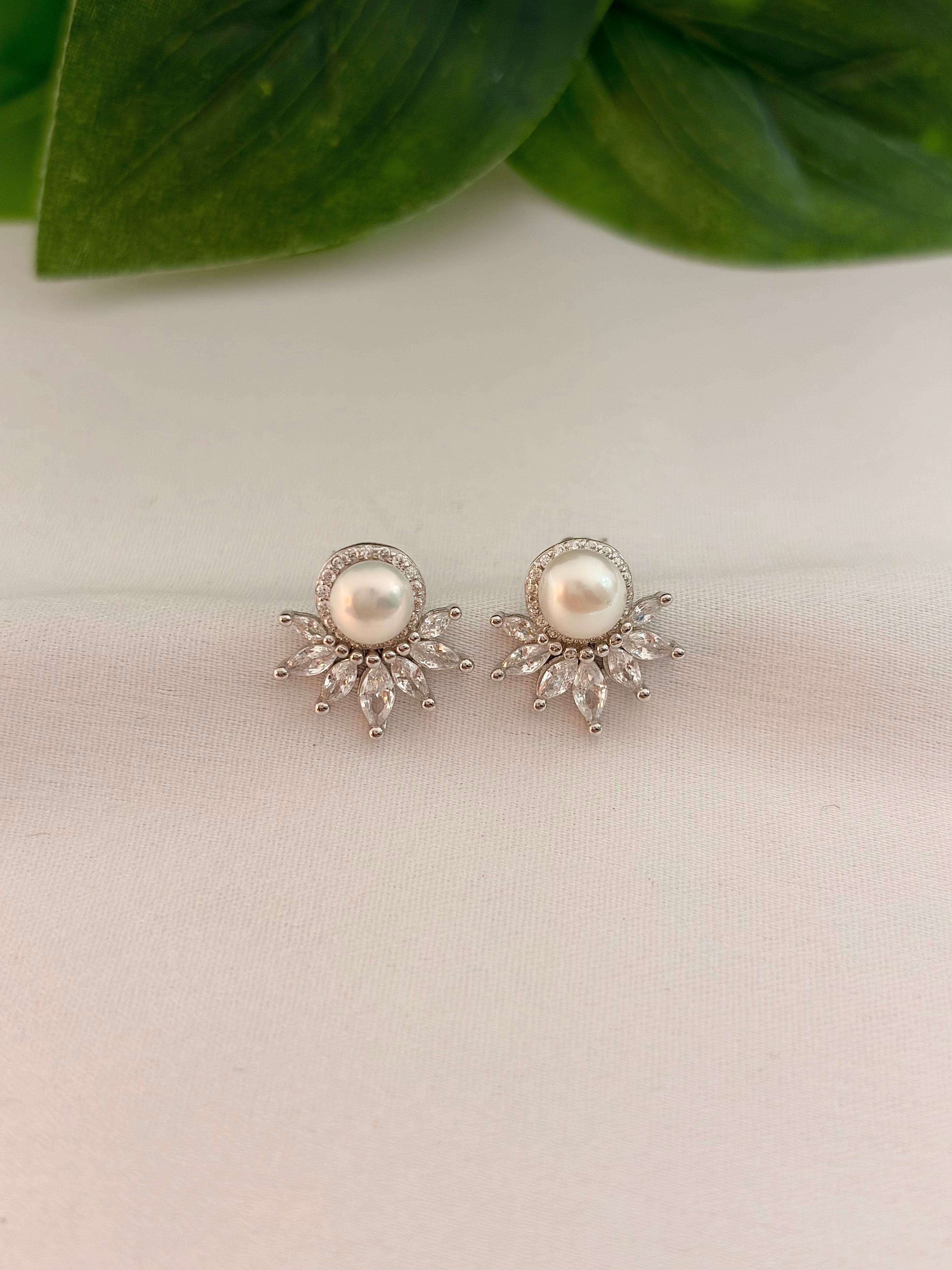 Silver Pearl Floral Burst Stud Earrings