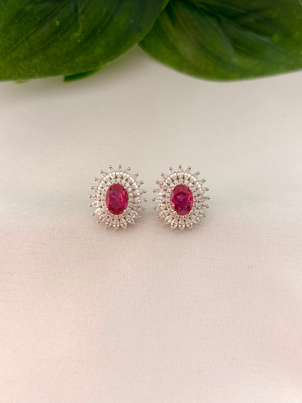 Ruby Red Oval Stud Earrings with Crystal Halo