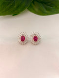 Ruby Red Oval Stud Earrings with Crystal Halo