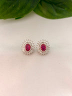 Ruby Red Oval Stud Earrings with Crystal Halo