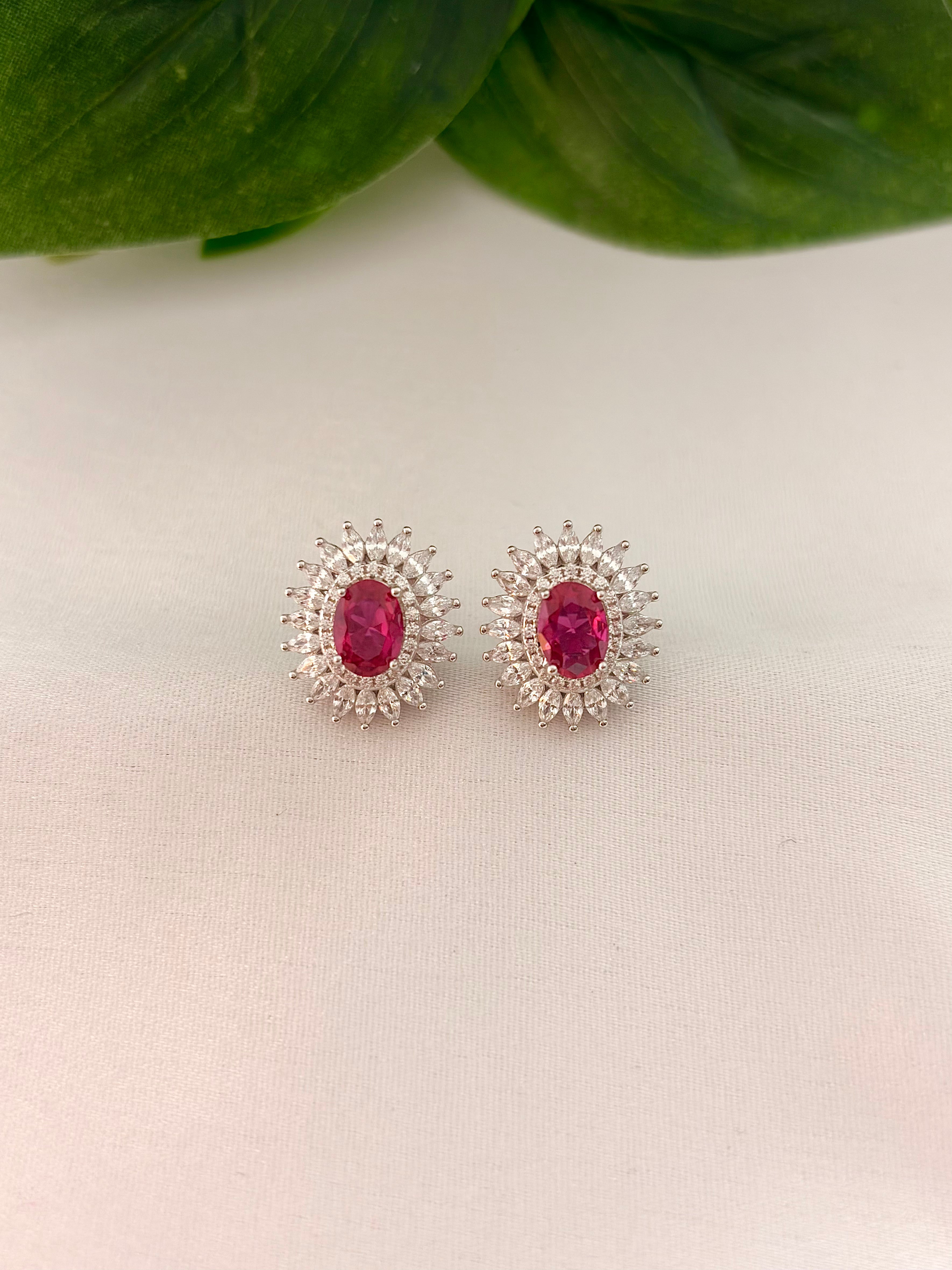 Ruby Red Oval Stud Earrings with Crystal Halo