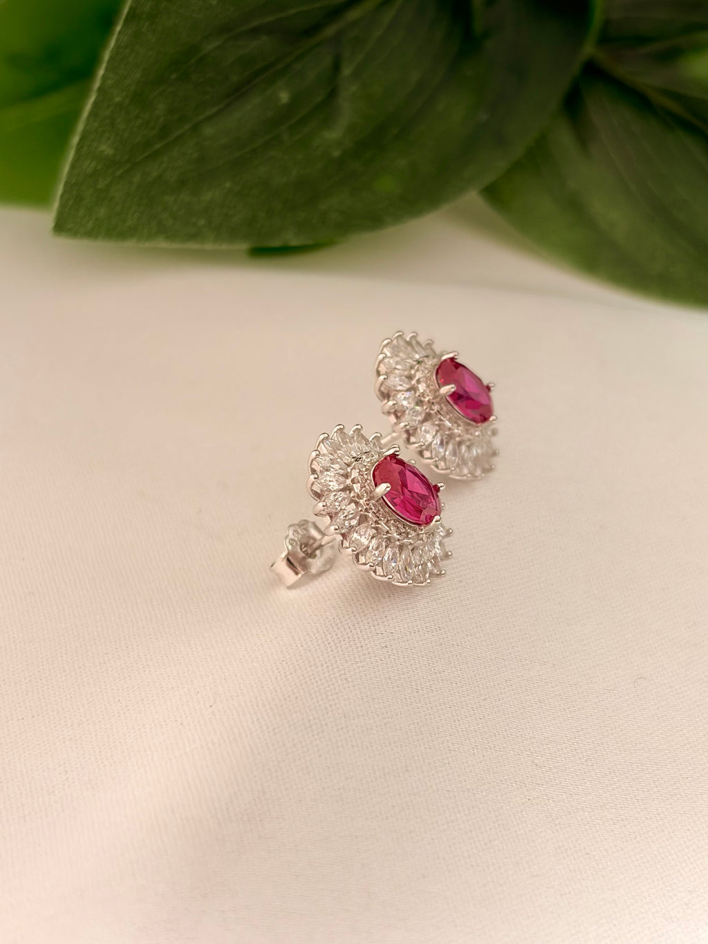 Ruby Red Oval Stud Earrings with Crystal Halo
