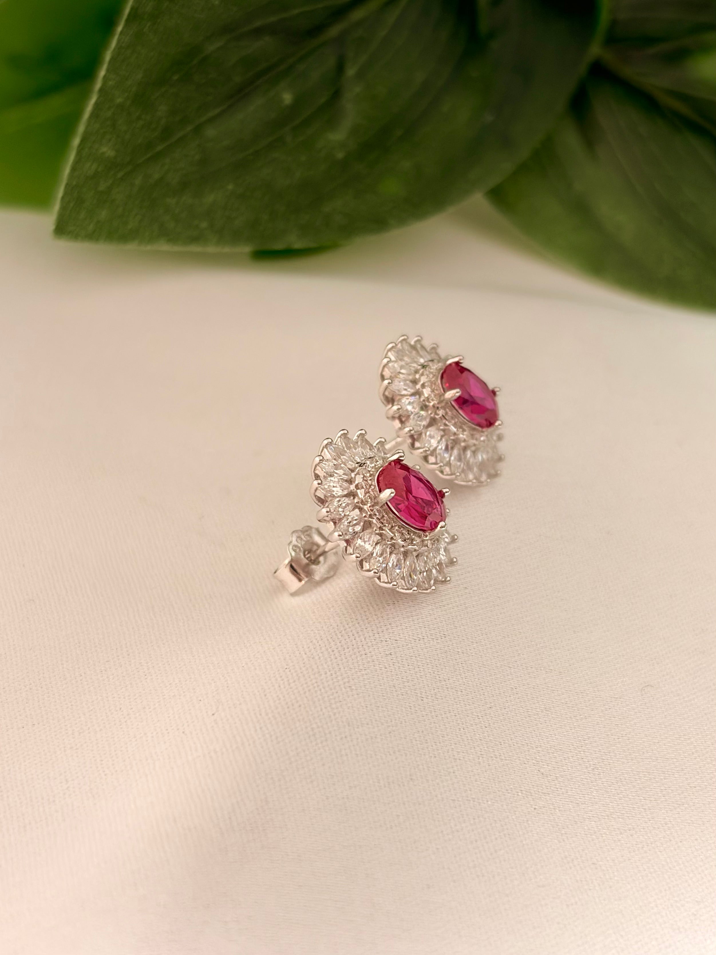 Ruby Red Oval Stud Earrings with Crystal Halo