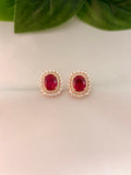 Rose Gold Ruby Halo Stud Earrings with Diamond Accents