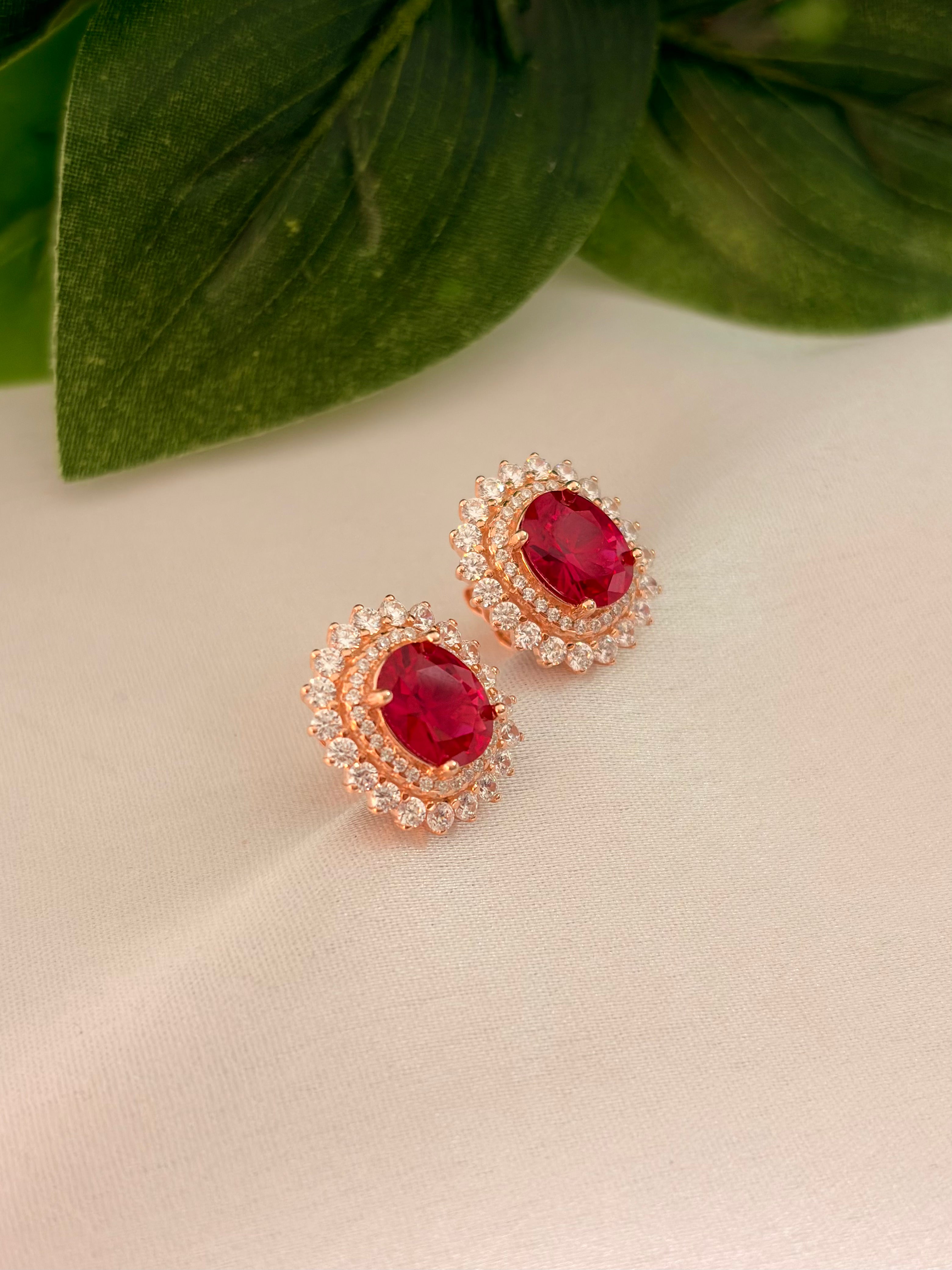 Rose Gold Ruby Halo Stud Earrings with Diamond Accents