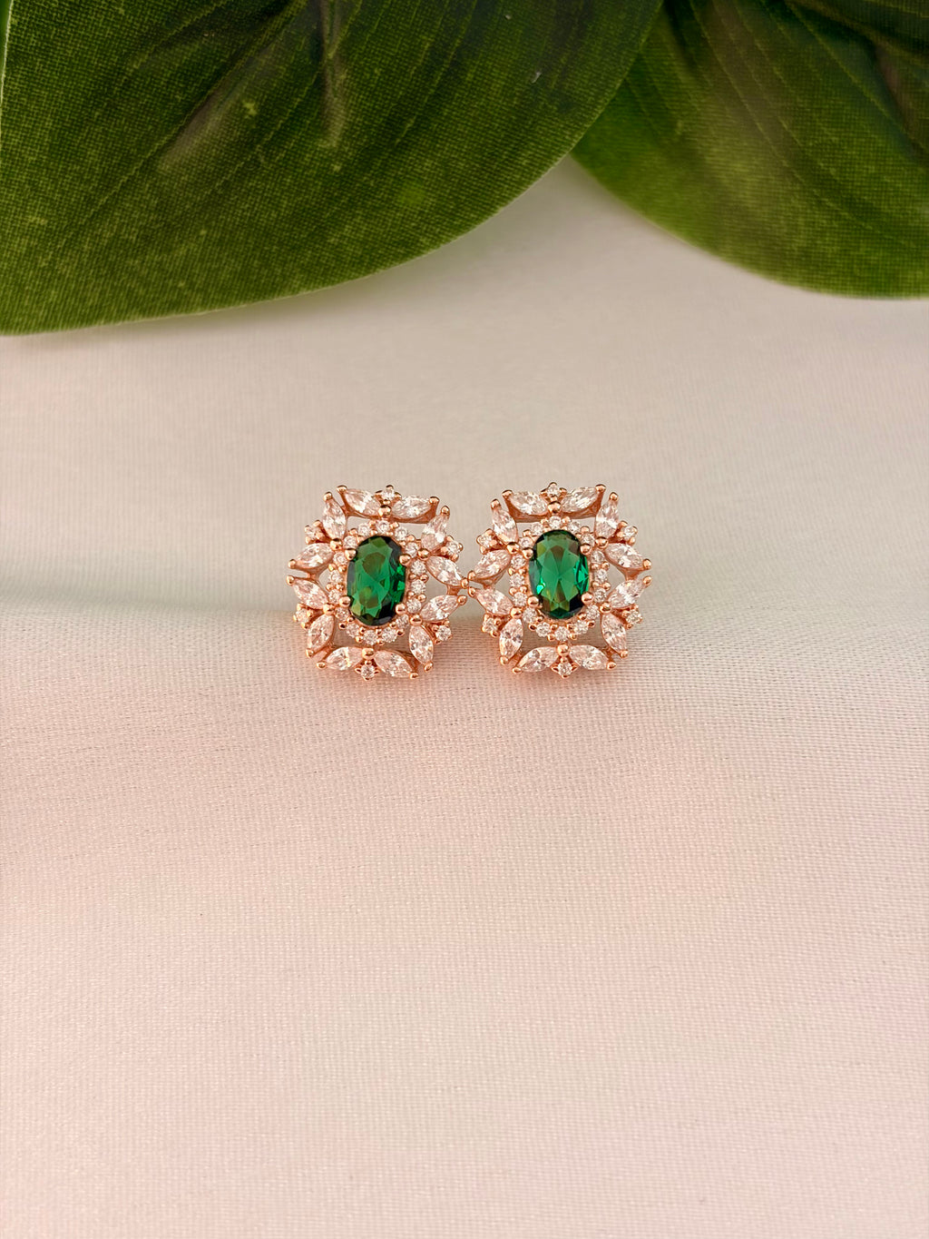 Rose Gold Emerald Floral Halo Stud Earrings