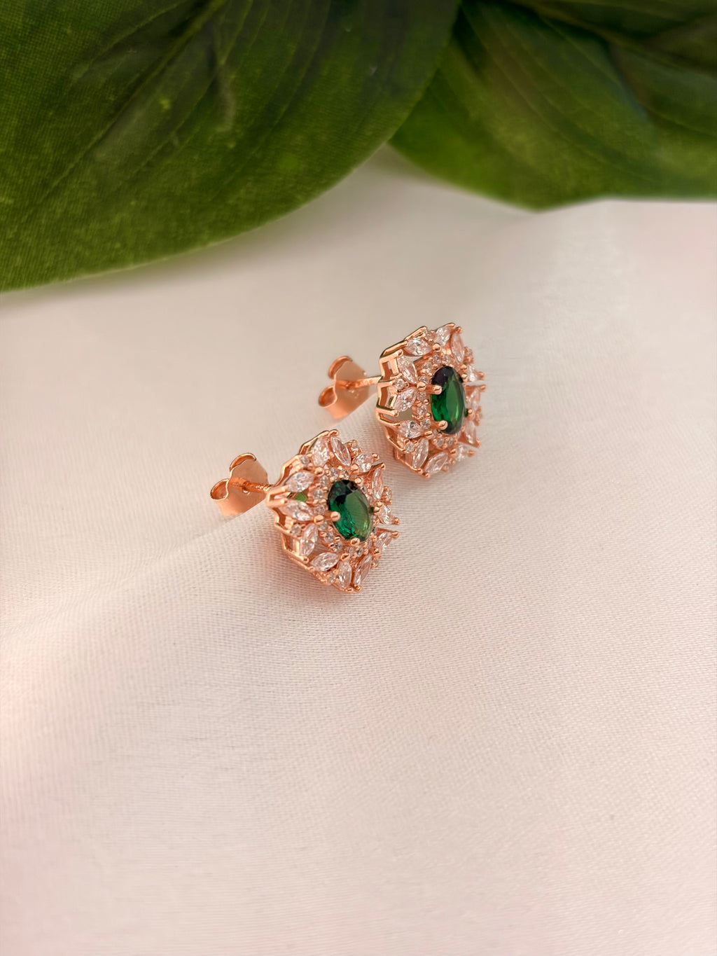 Rose Gold Emerald Floral Halo Stud Earrings