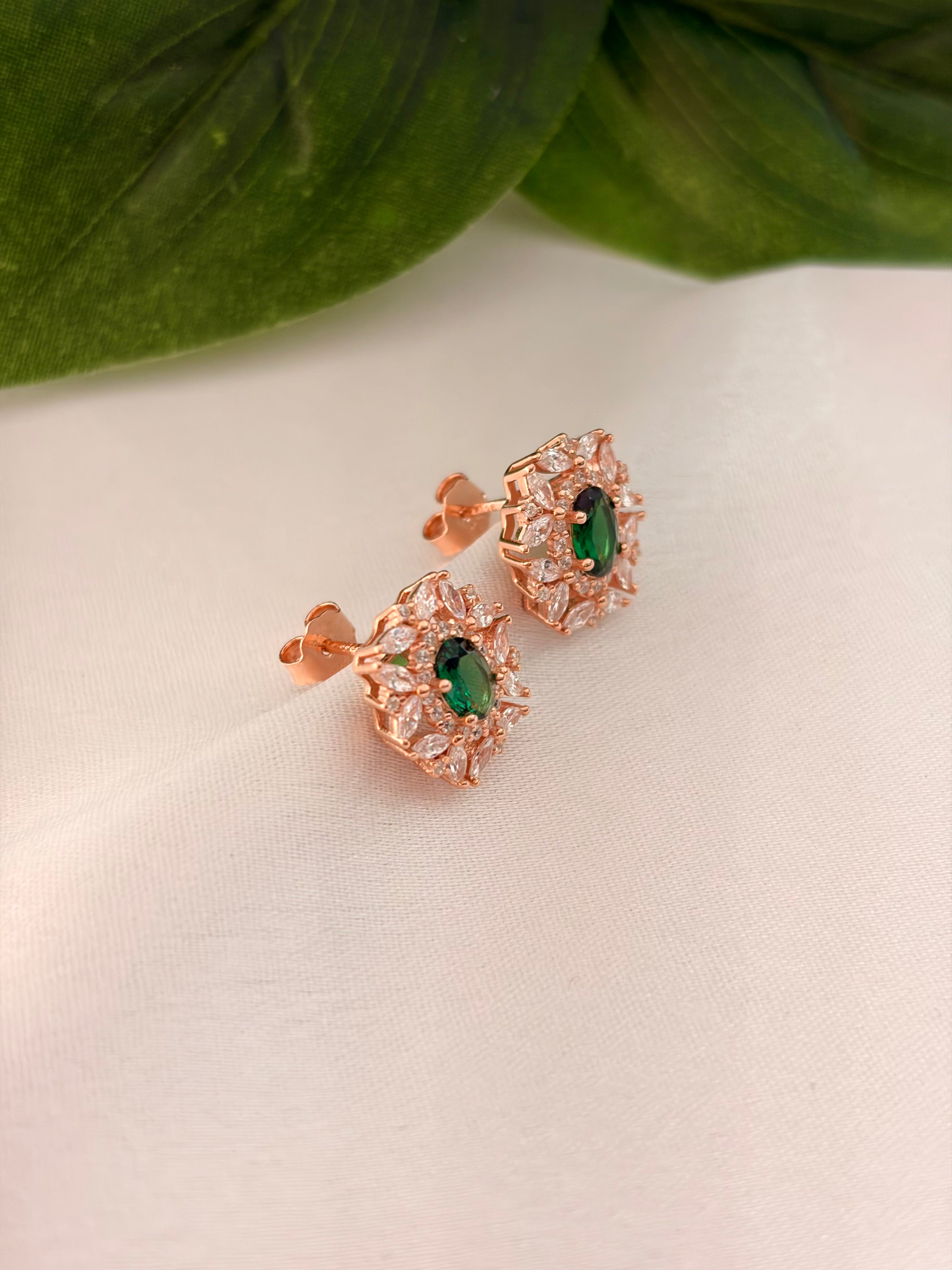 Rose Gold Emerald Floral Halo Stud Earrings