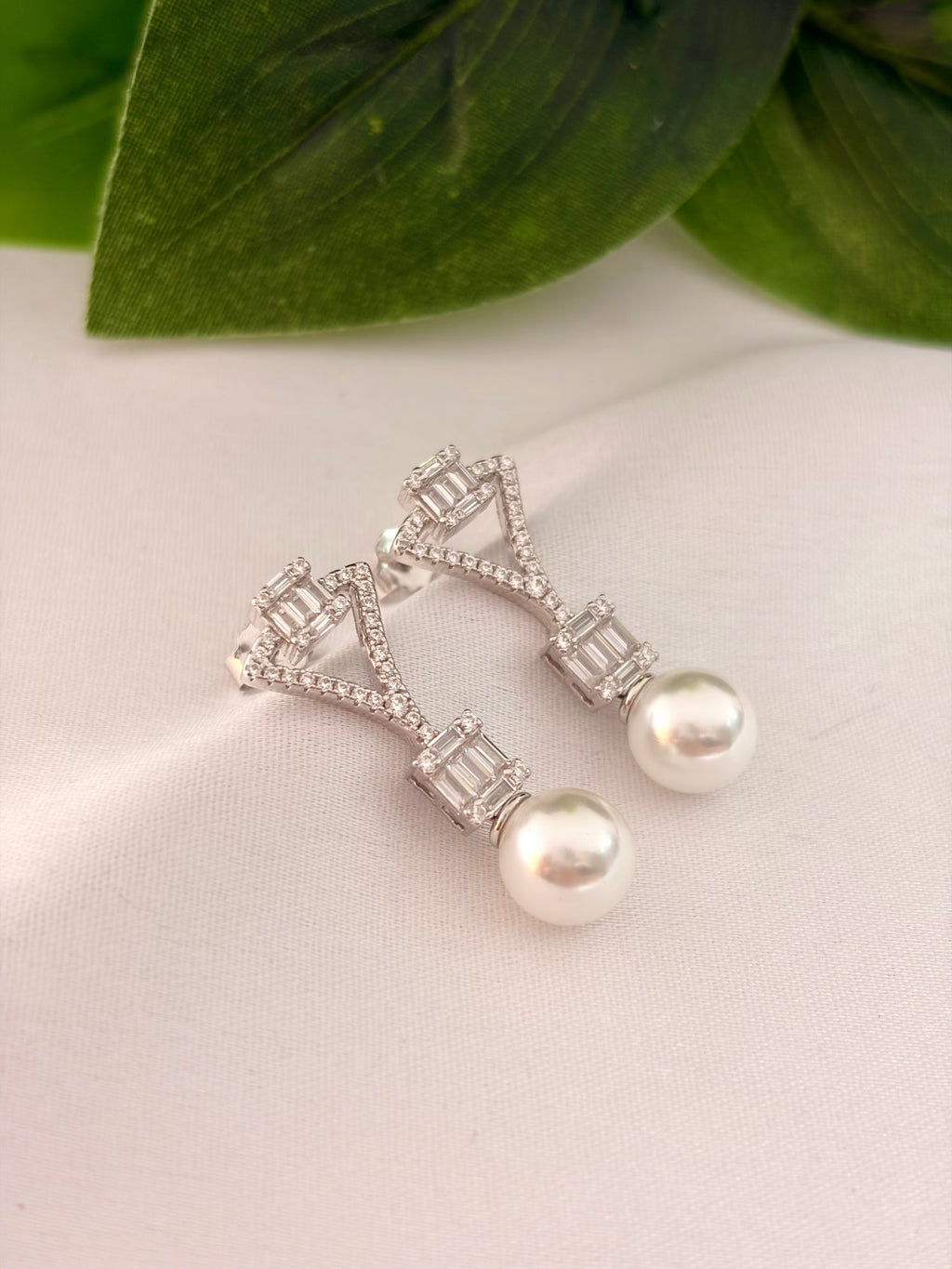 Geometric Pearl Drop Diamond Earrings