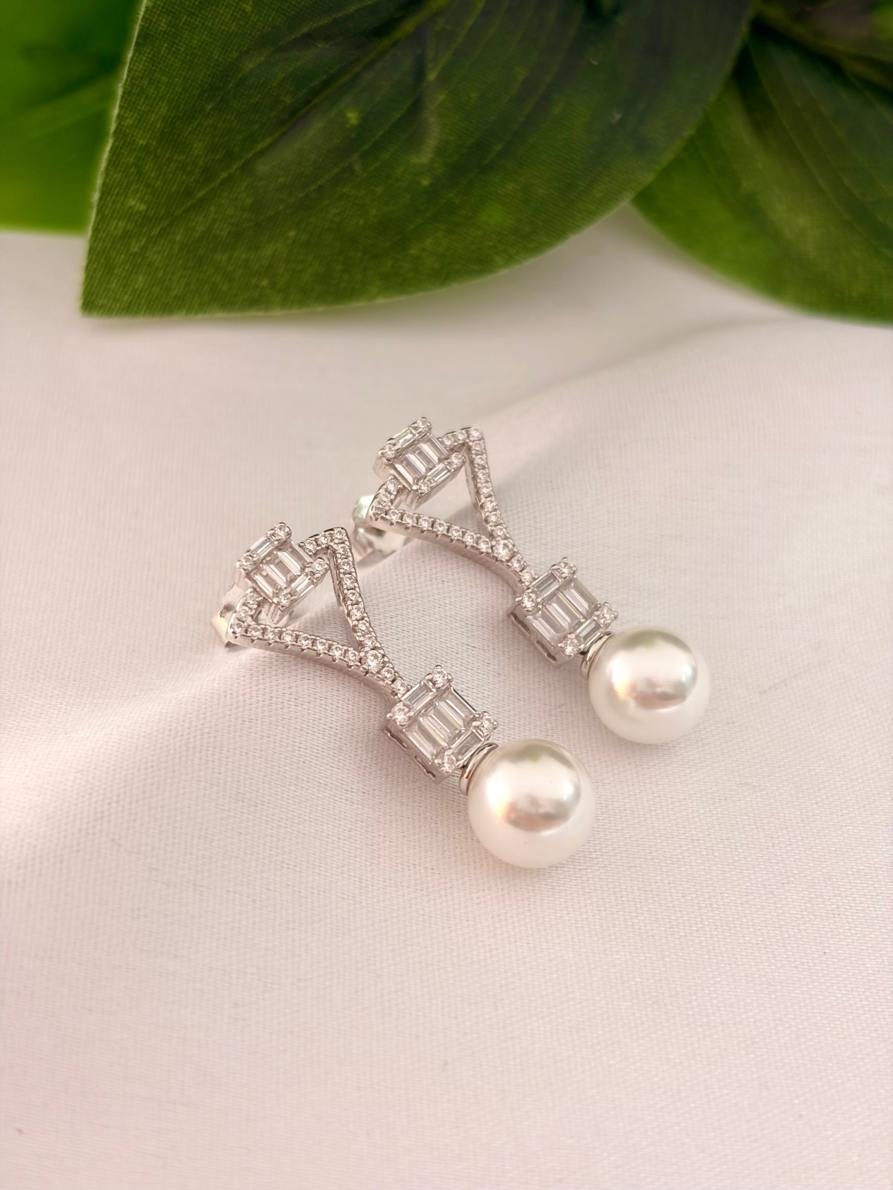 Geometric Pearl Drop Diamond Earrings