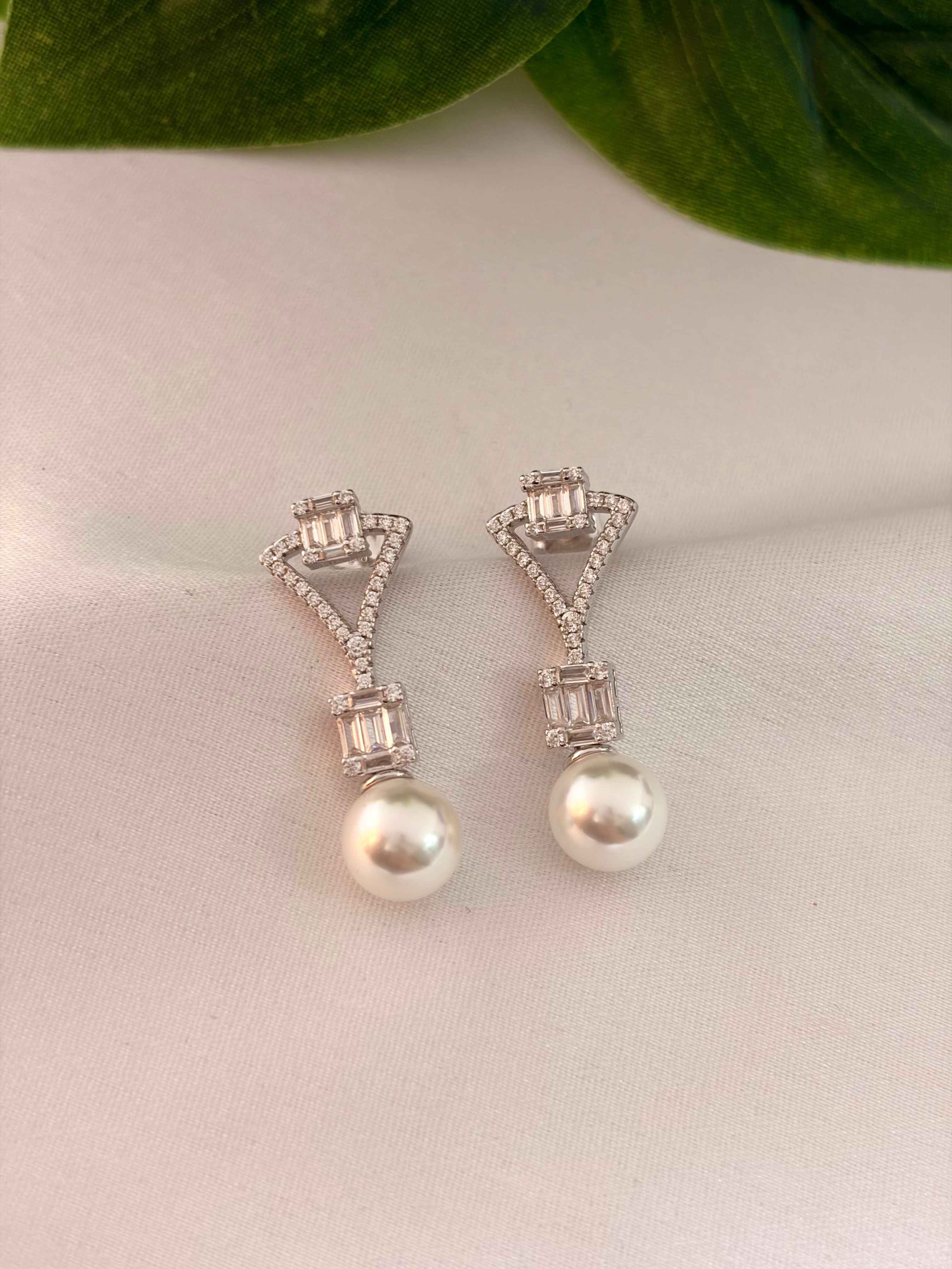 Geometric Pearl Drop Diamond Earrings