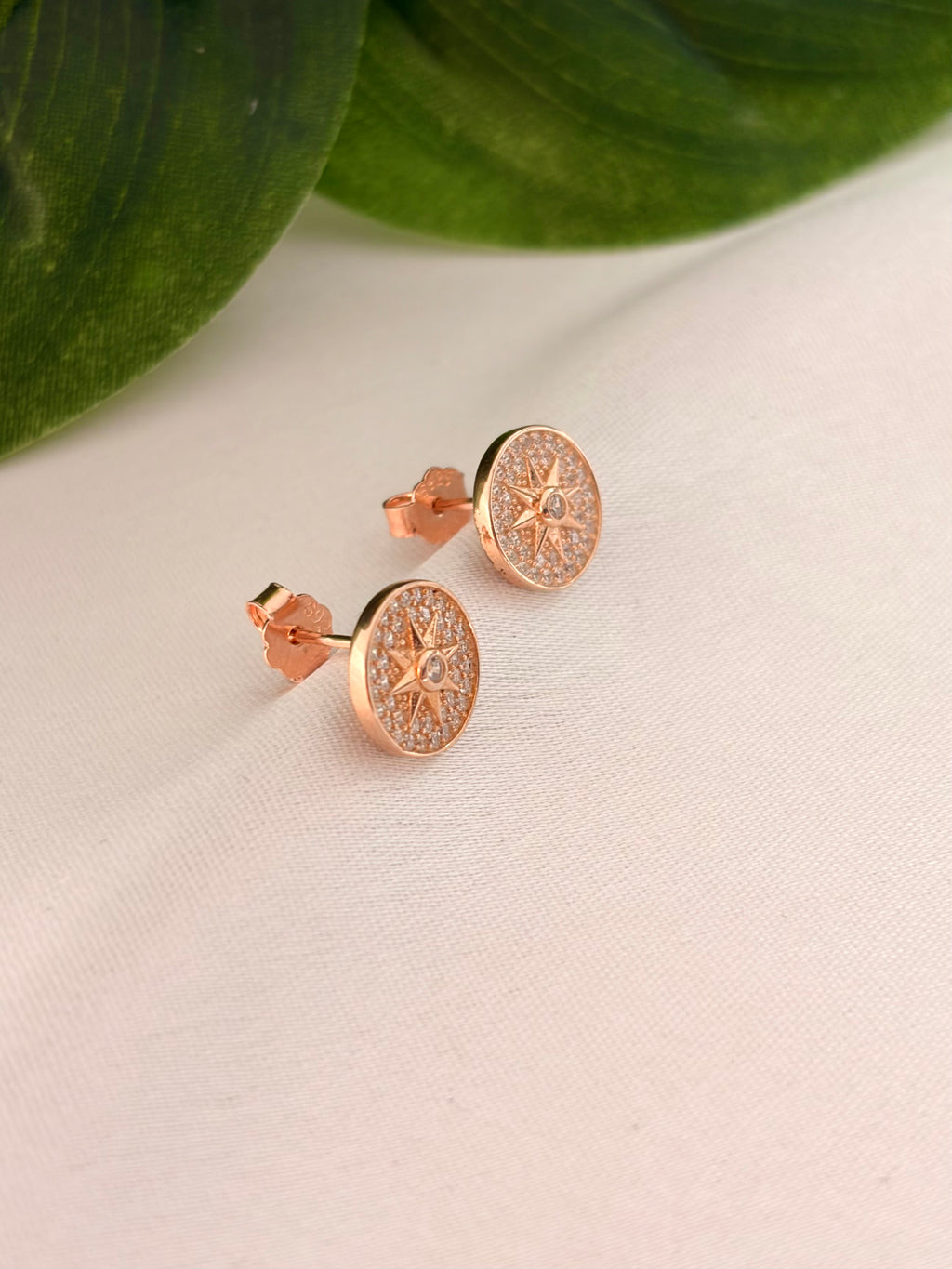 Rose Gold Starburst Disc Stud Earrings