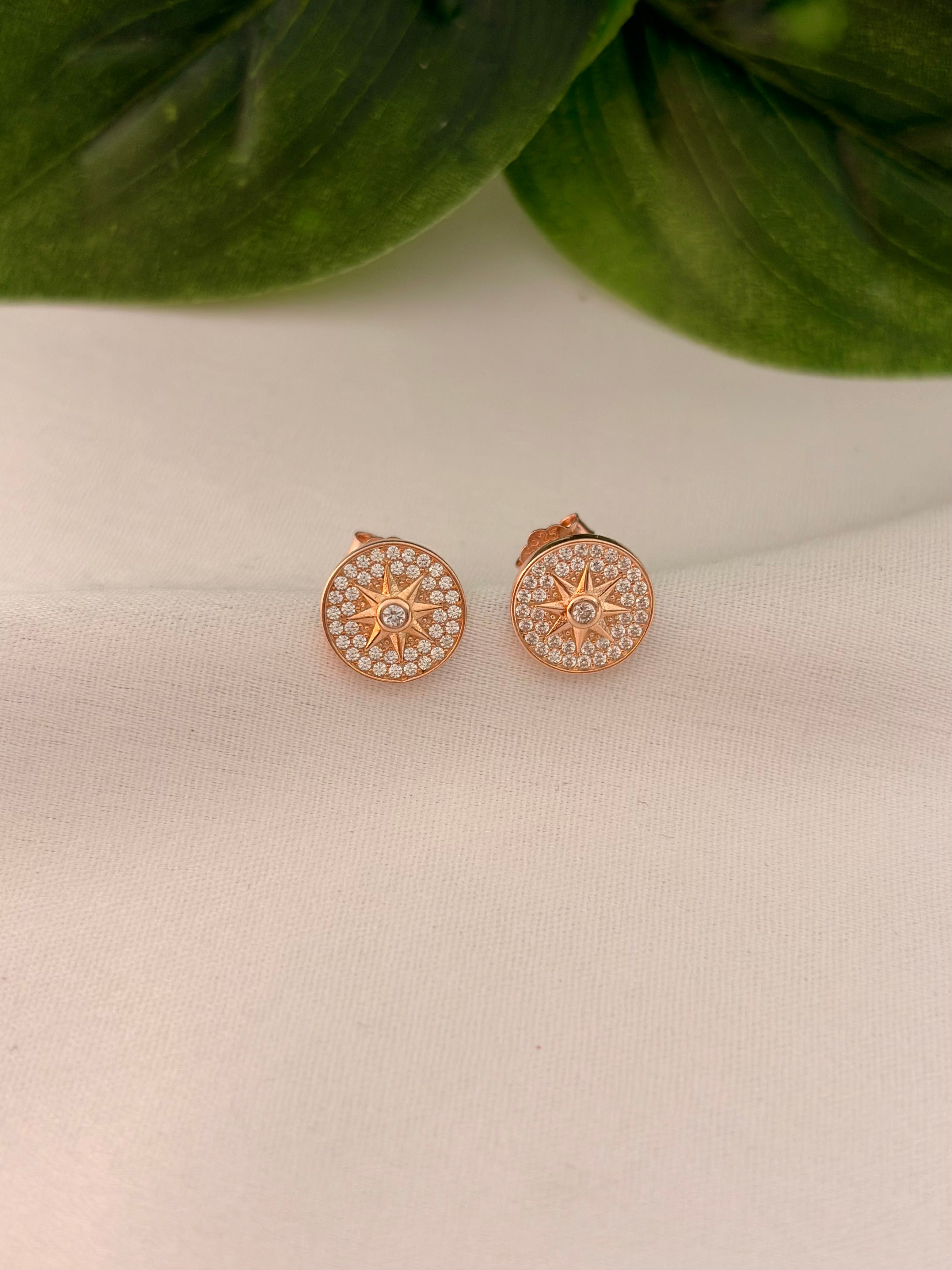 Rose Gold Starburst Disc Stud Earrings