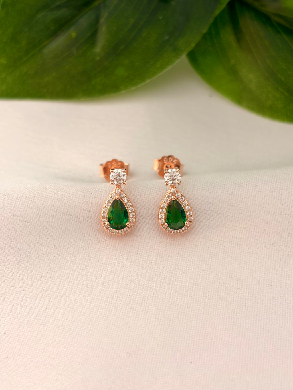 Emerald Teardrop Halo Drop Earrings in Rose Gold