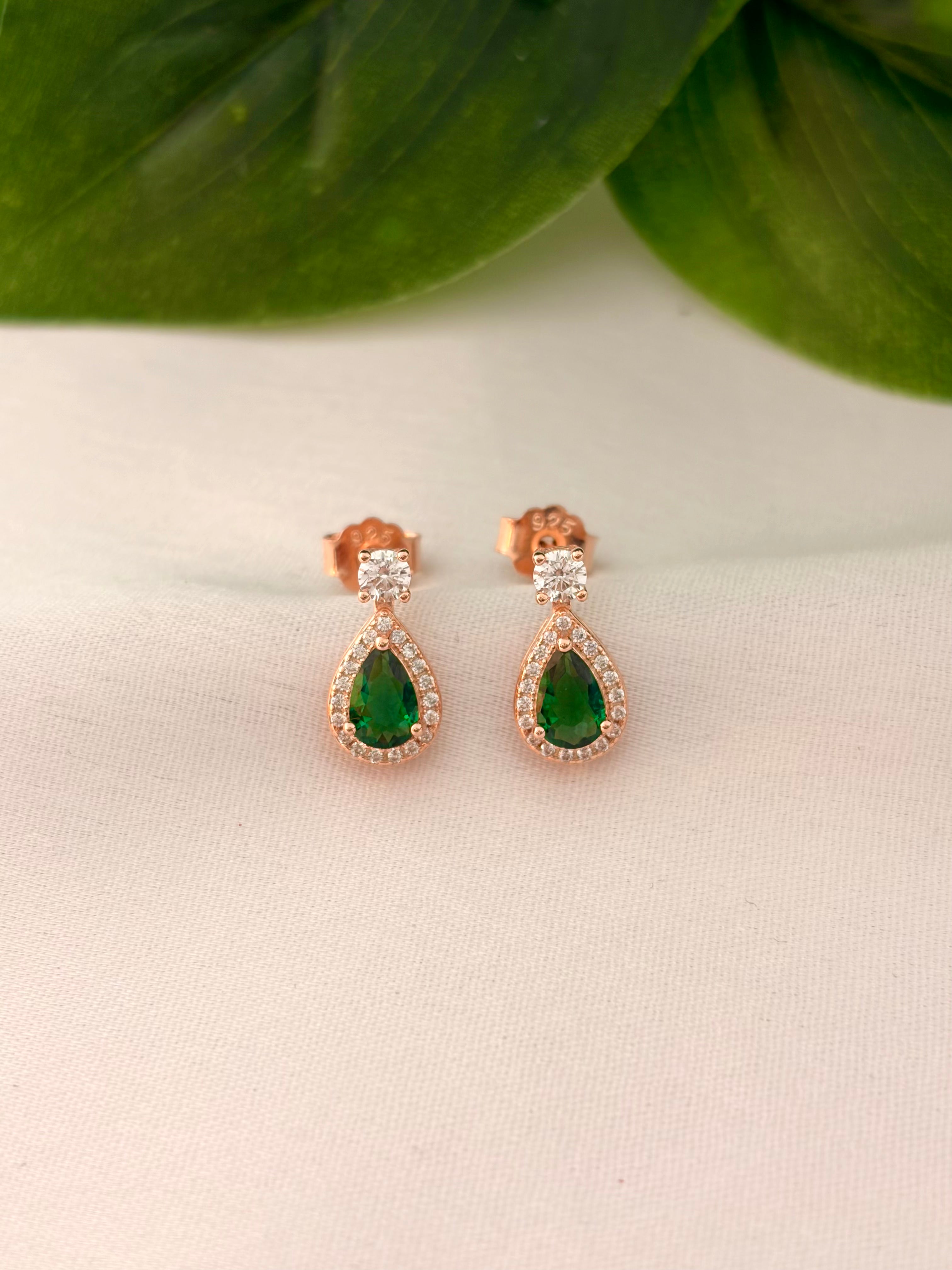 Emerald Teardrop Halo Drop Earrings in Rose Gold