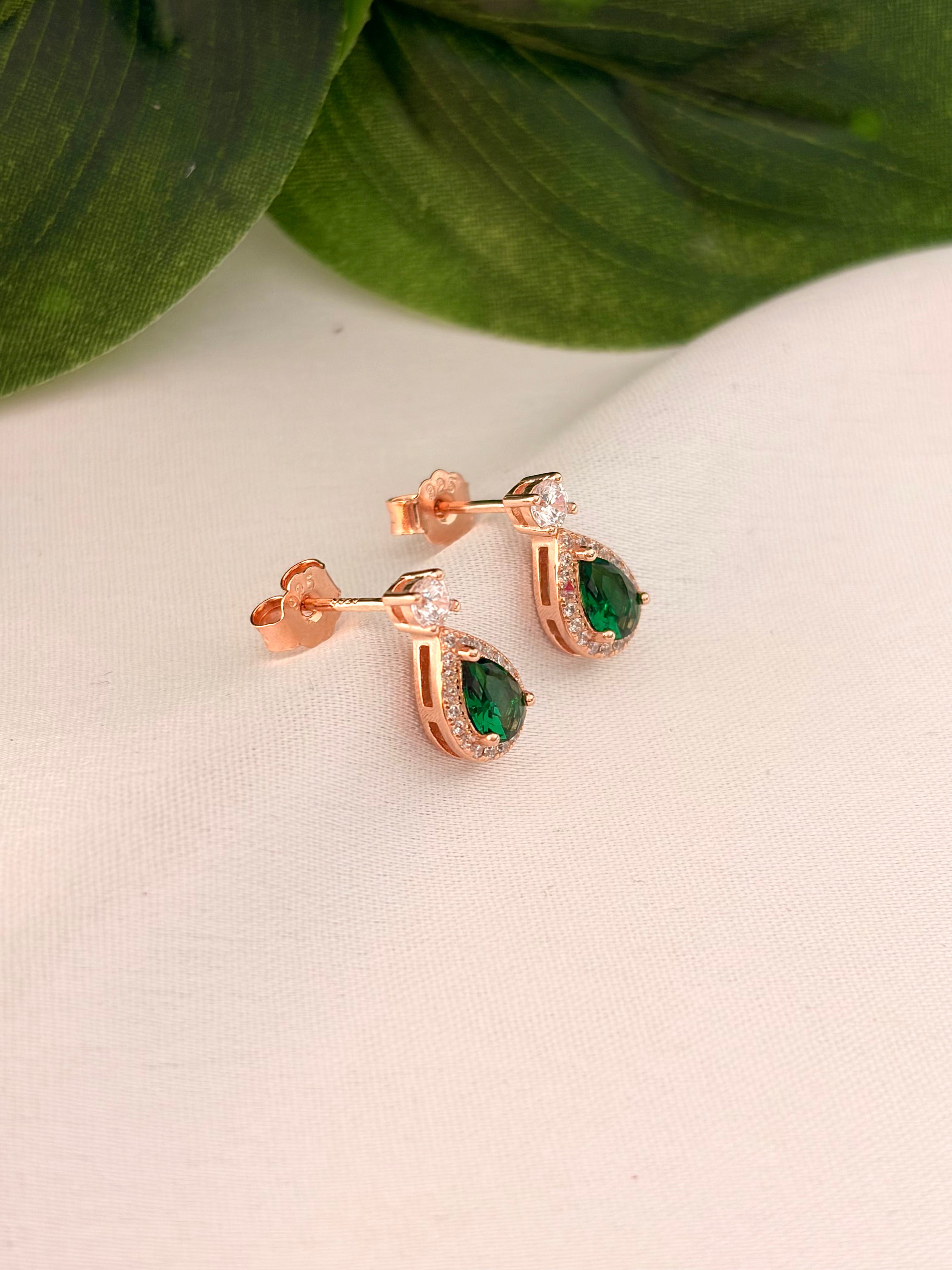 Emerald Teardrop Halo Drop Earrings in Rose Gold
