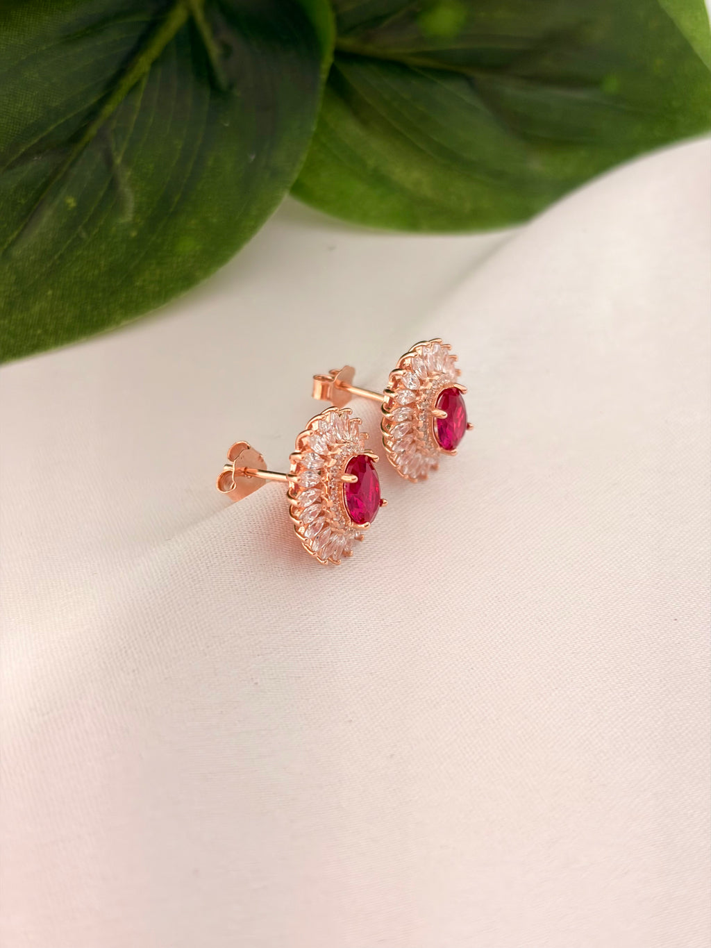 Elegant Ruby Halo Stud Earrings in Rose Gold