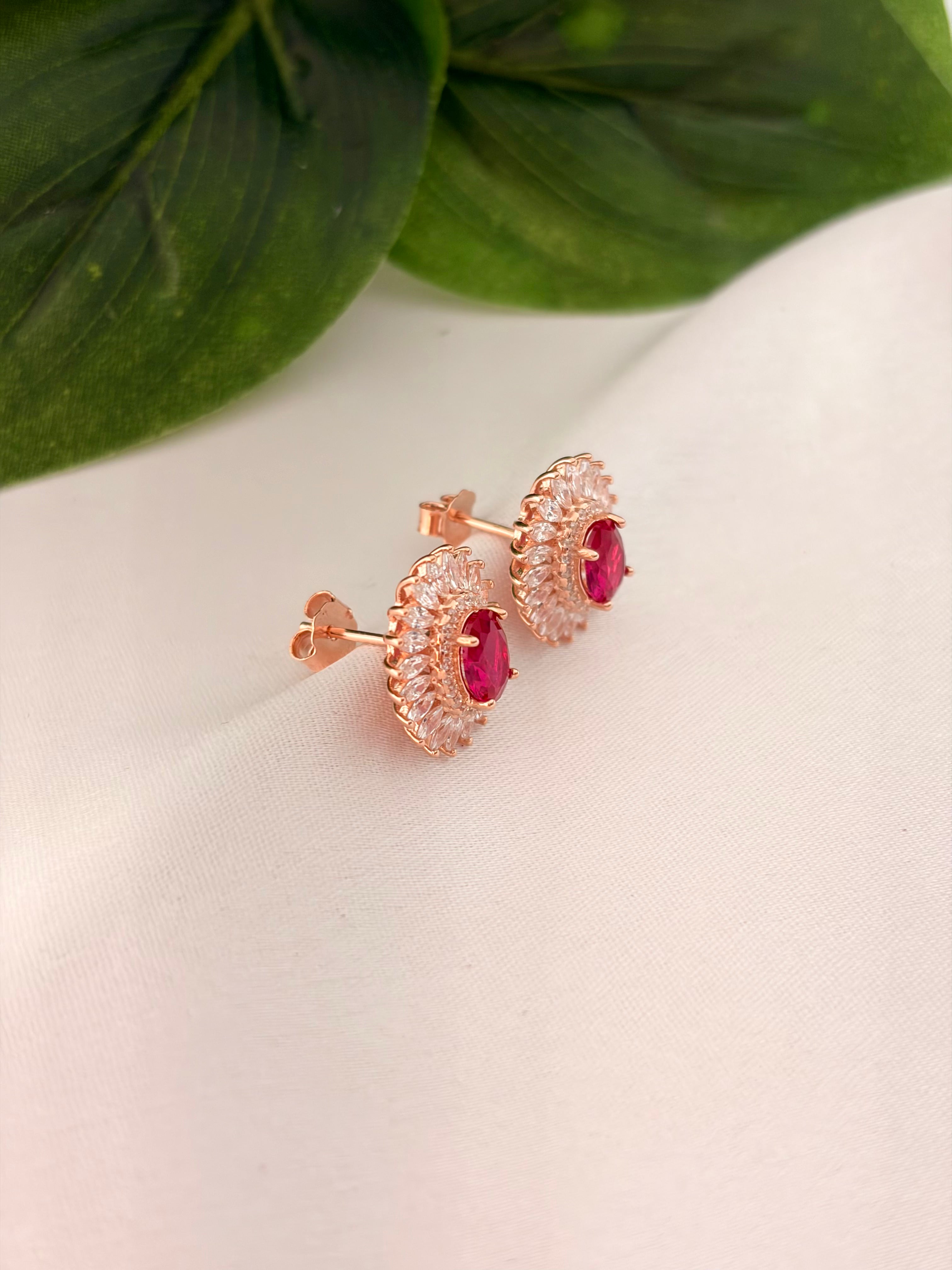 Elegant Ruby Halo Stud Earrings in Rose Gold