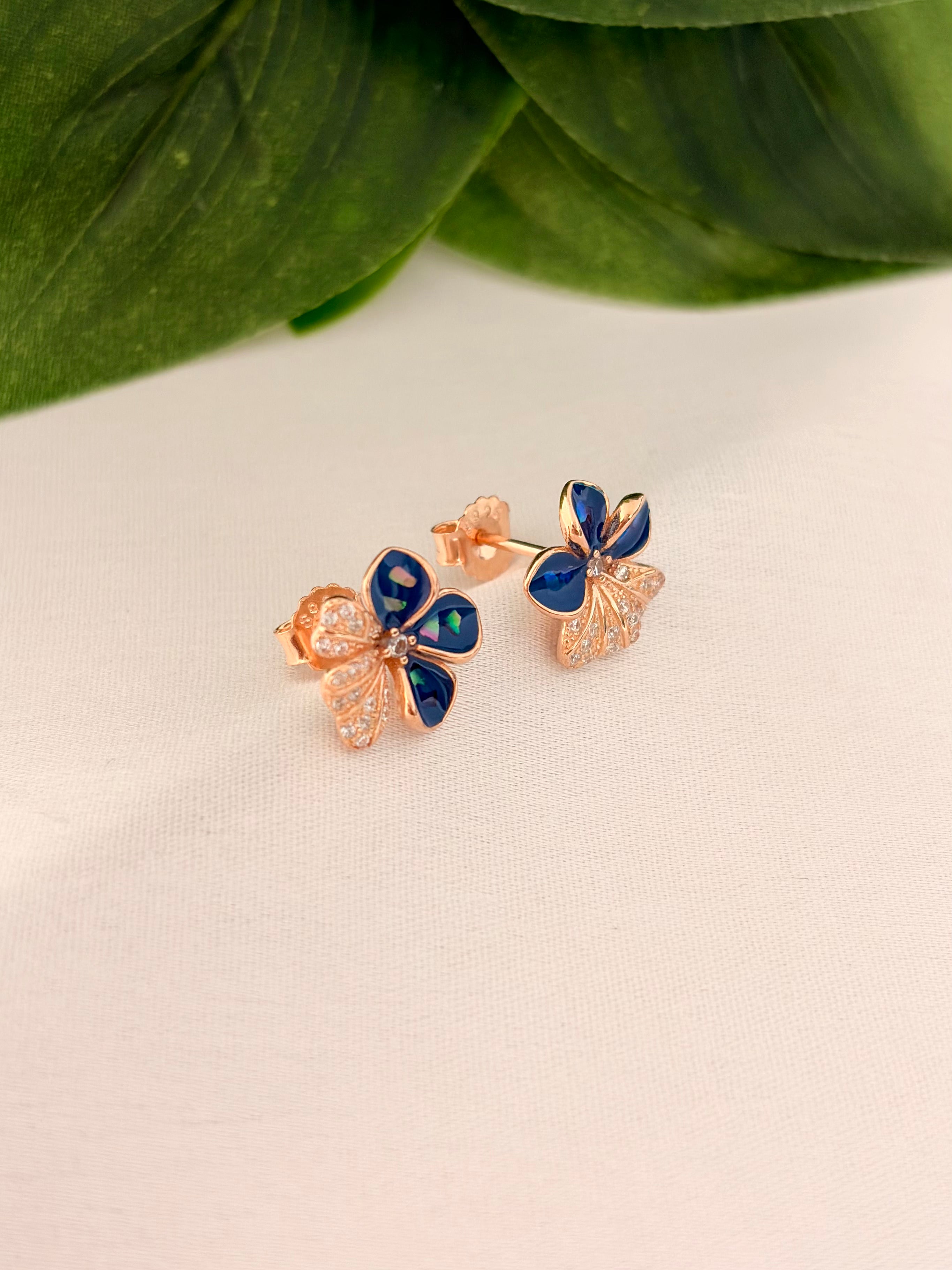 Elegant Blue Petal Floral Stud Earrings in Rose Gold Finish