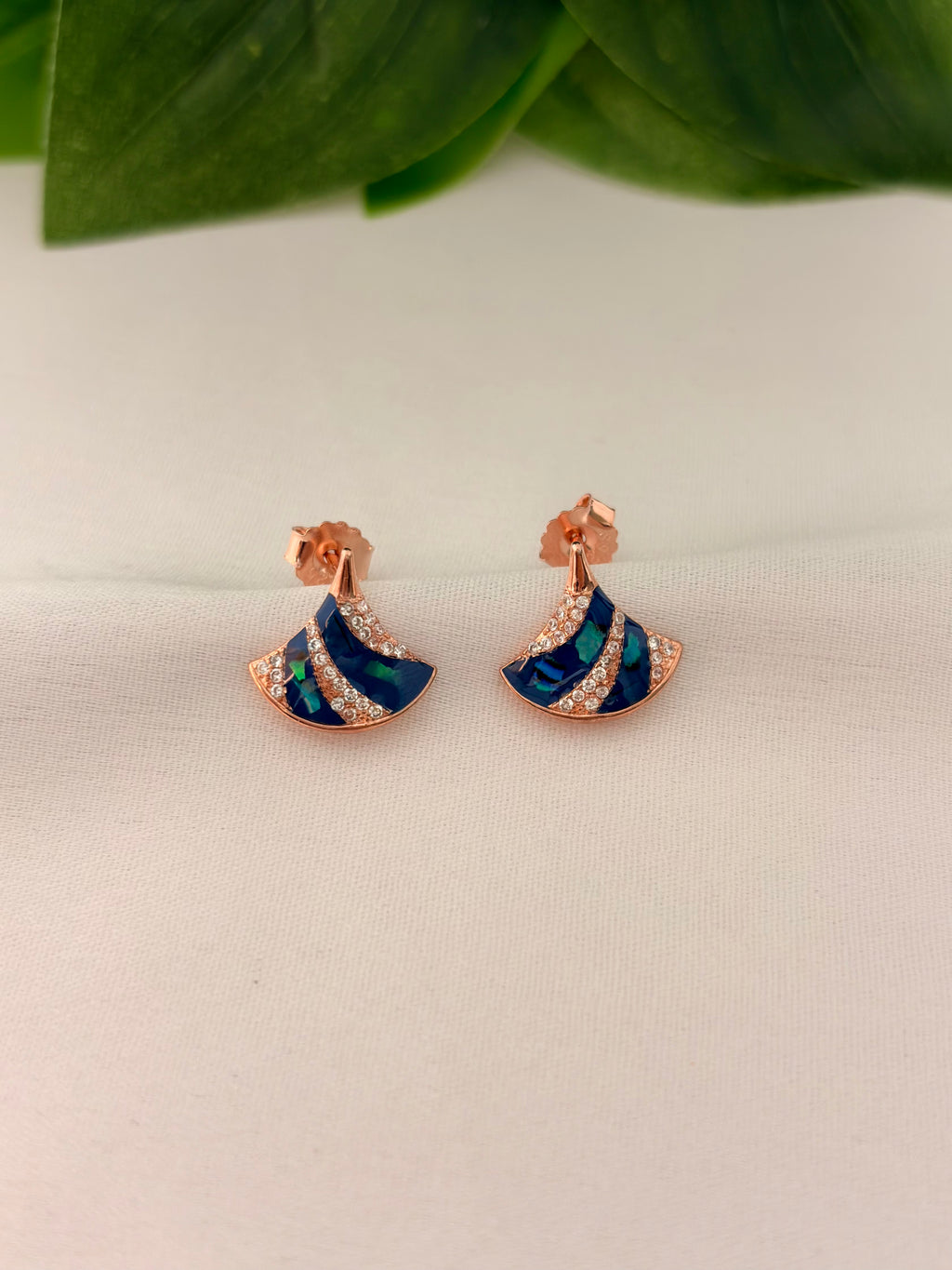 Elegant Blue Enamel Fan-Shaped Drop Earrings in Rose Gold Finish