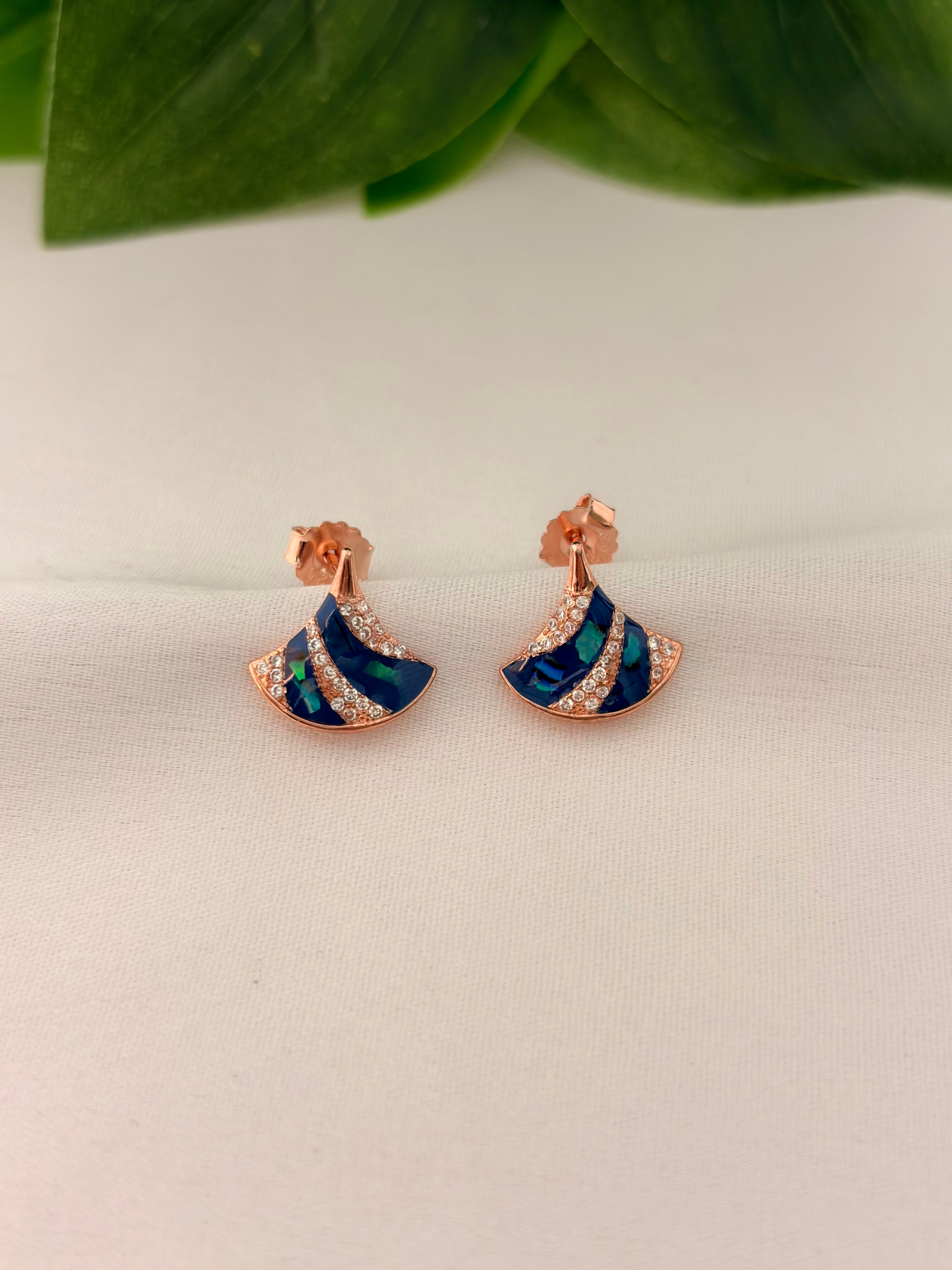 Elegant Blue Enamel Fan-Shaped Drop Earrings in Rose Gold Finish