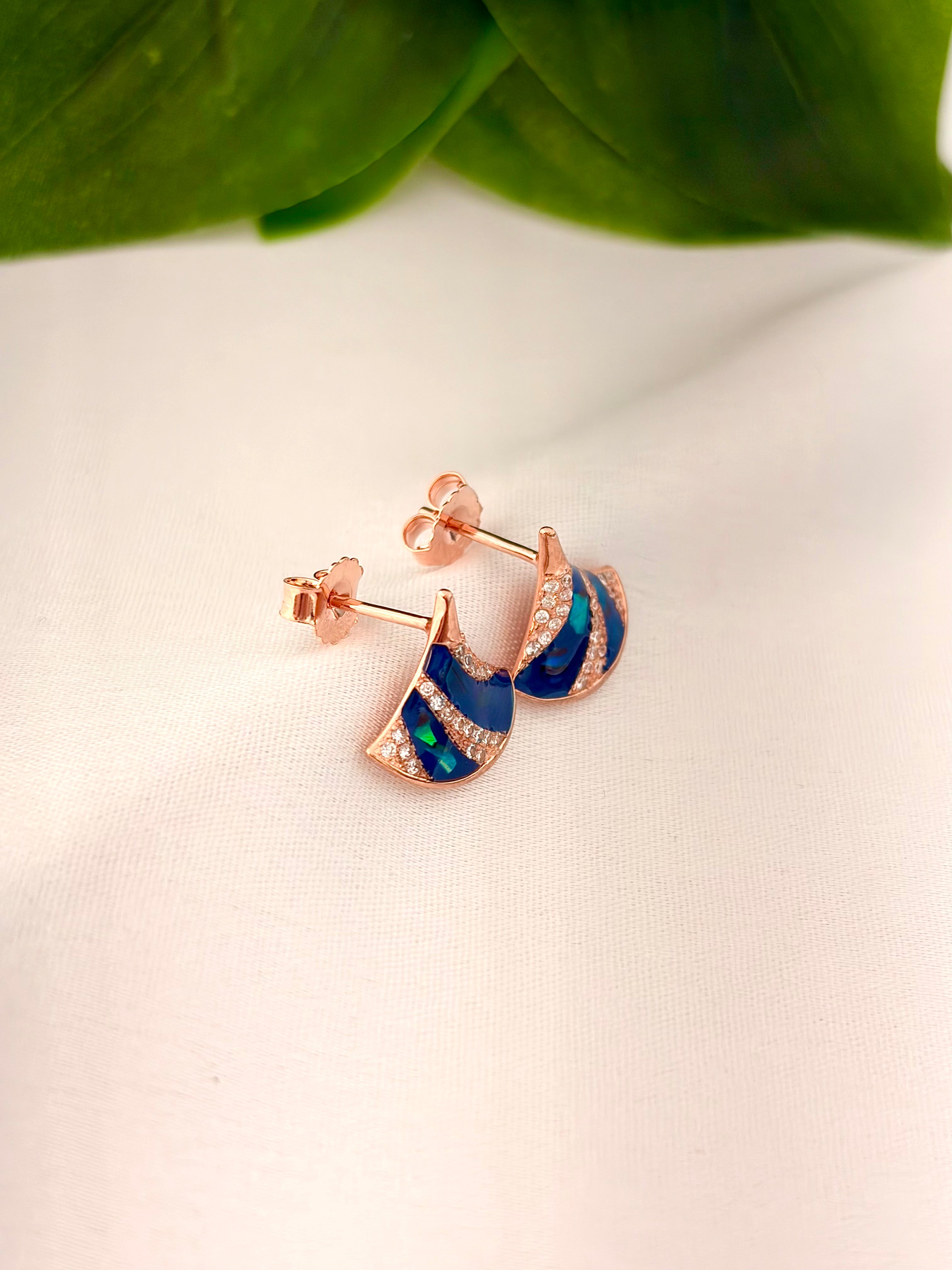 Elegant Blue Enamel Fan-Shaped Drop Earrings in Rose Gold Finish
