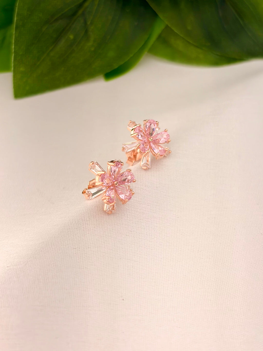 Delicate Pink Blossom Crystal Stud Earrings in Rose Gold Tone