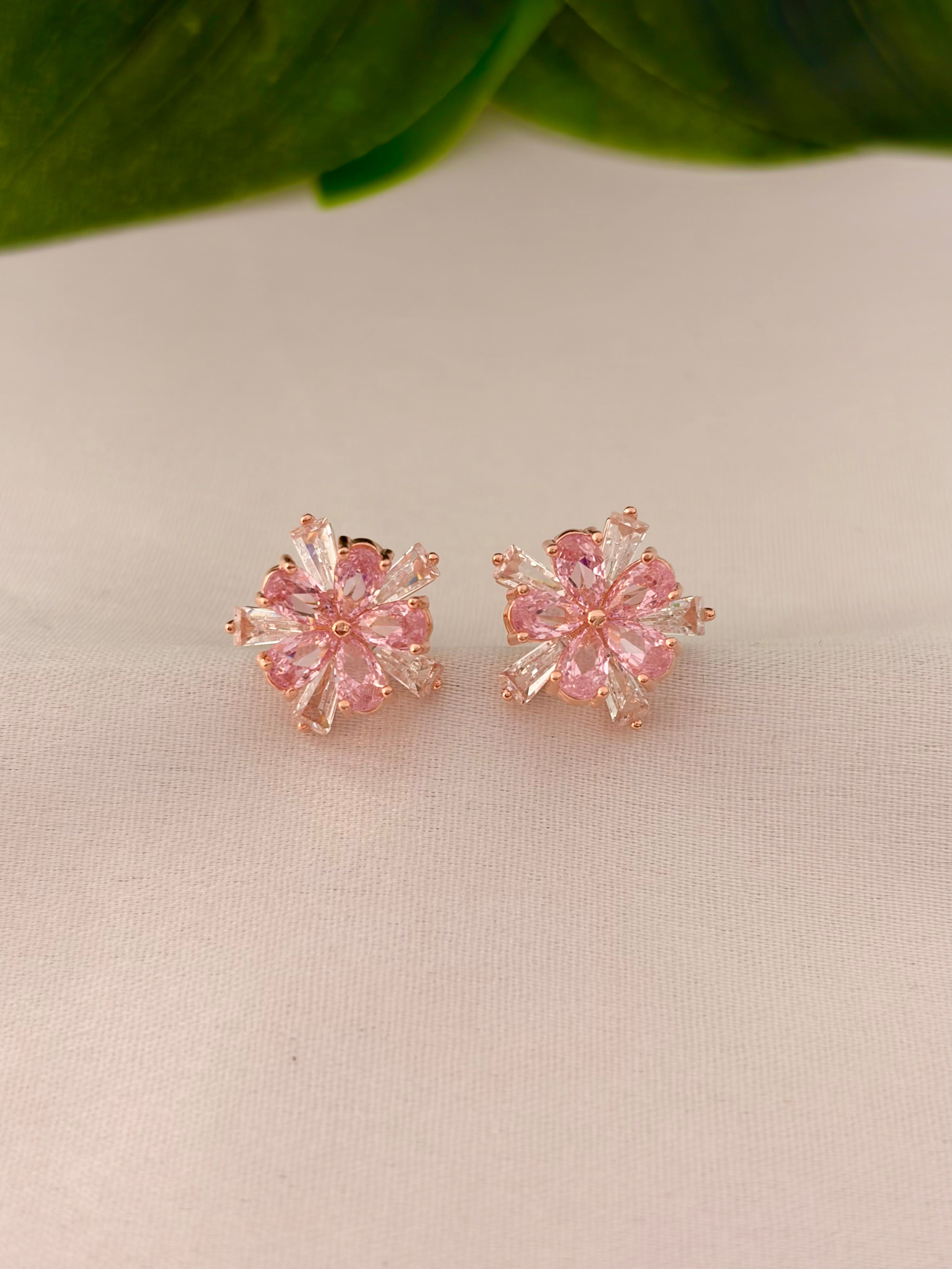 Delicate Pink Blossom Crystal Stud Earrings in Rose Gold Tone
